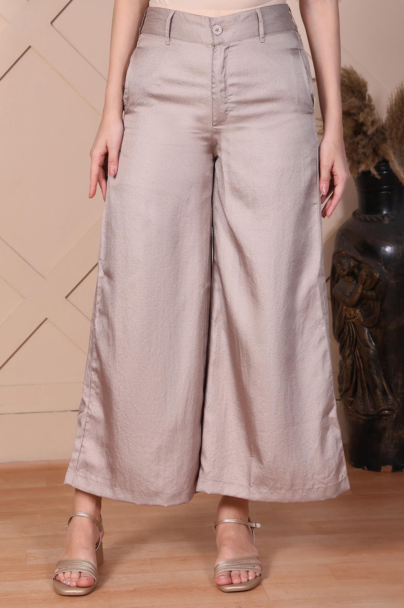 Beige Solid High Rise Ankle Length Wide Leg Trouser