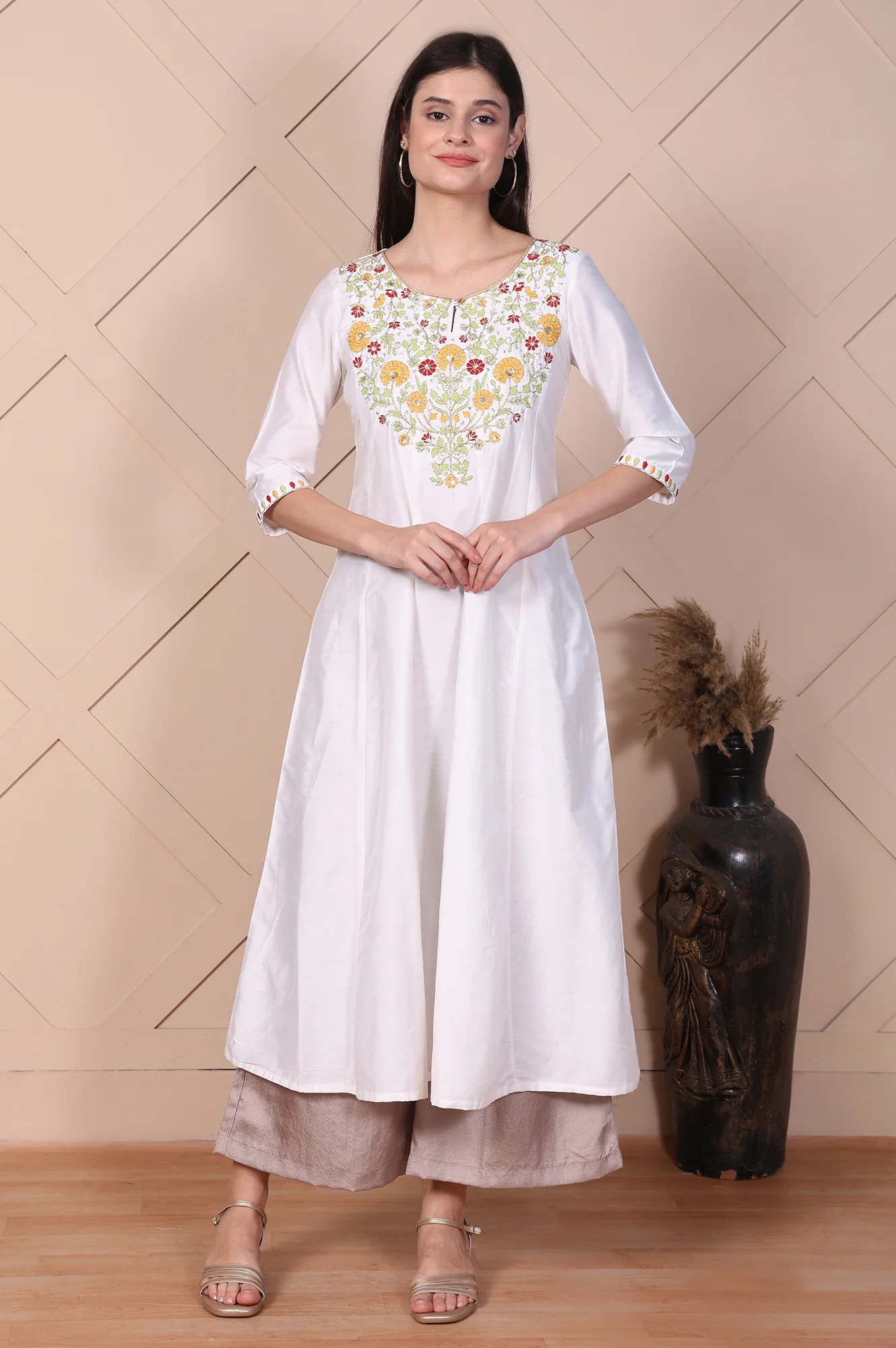 Beige Solid High Rise Ankle Length Wide Leg Trouser - Image 5