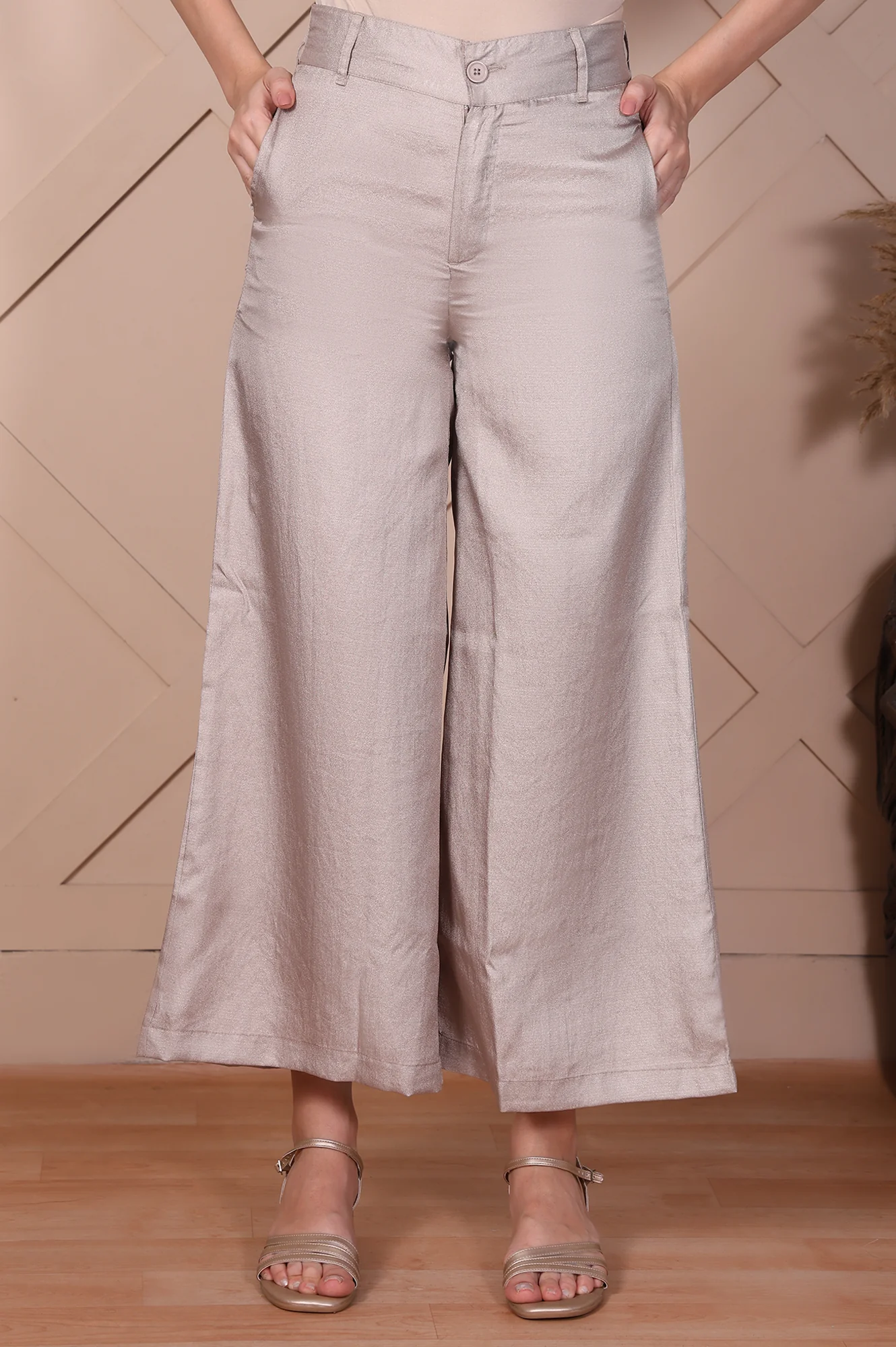 Beige Solid High Rise Ankle Length Wide Leg Trouser