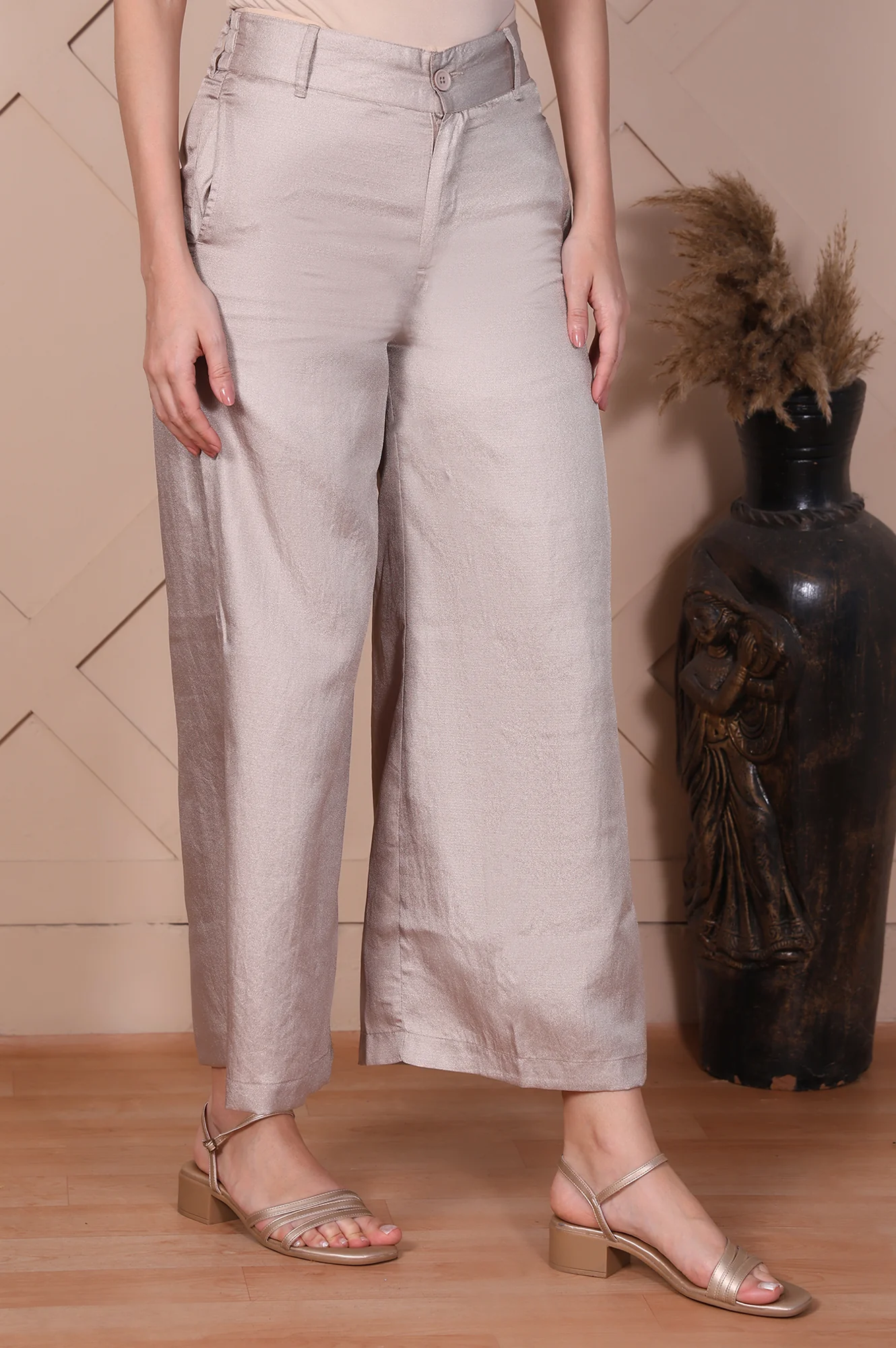 Beige Solid High Rise Ankle Length Wide Leg Trouser - Image 3