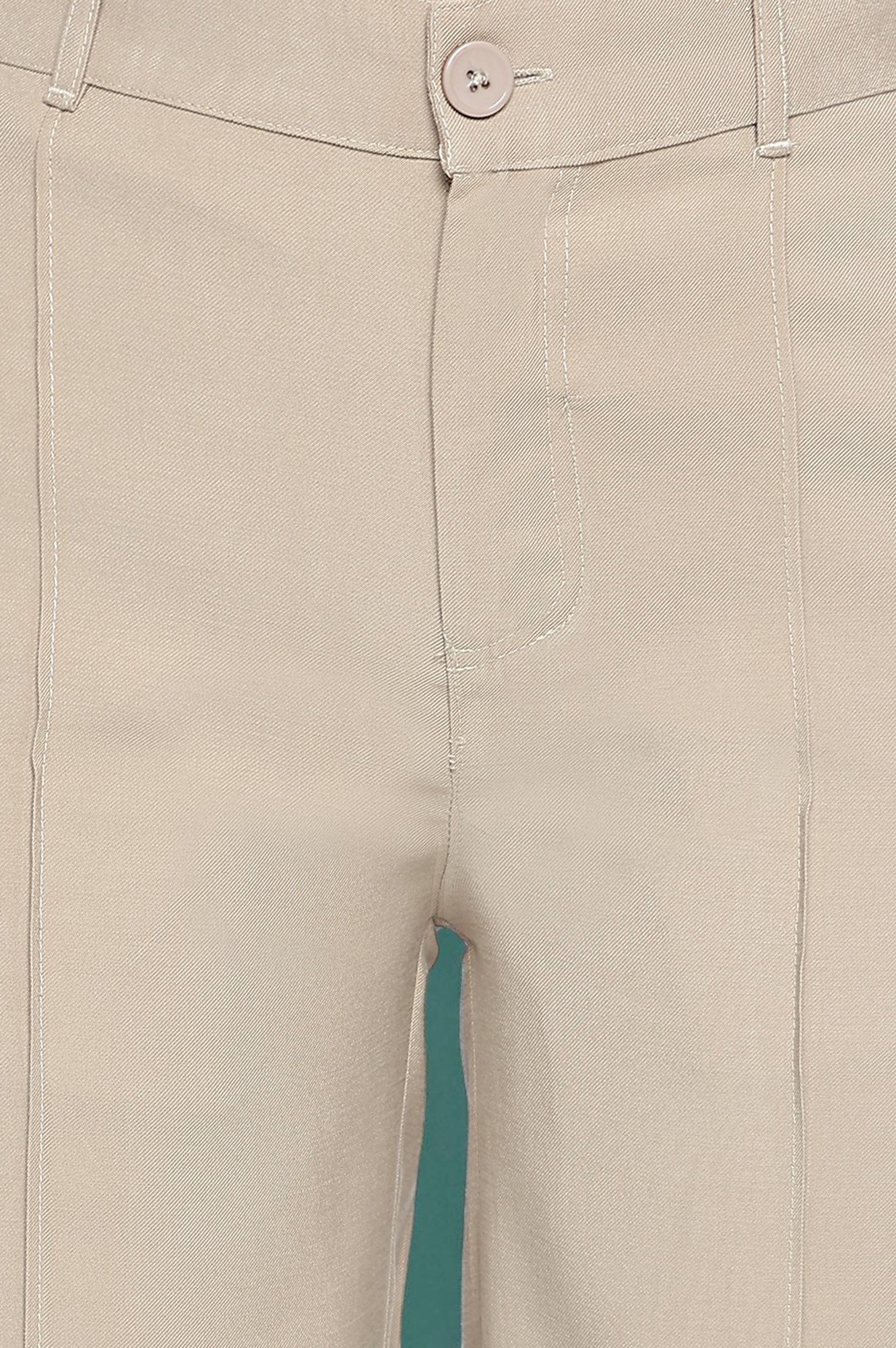 Beige Solid Korea Rayon Twill Pants In Ankle Length with YKK Zipper - Image 2