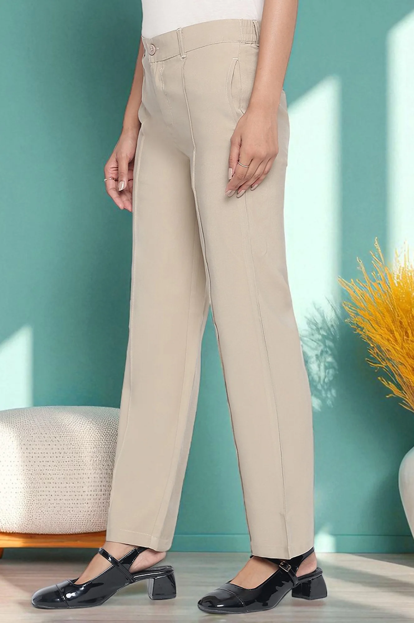Beige Solid Korea Rayon Twill Pants In Ankle Length with YKK Zipper - Image 5