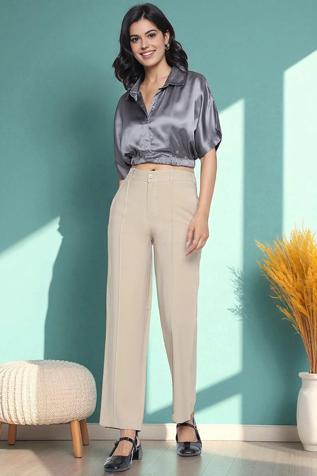 Beige Solid Korea Rayon Twill Pants In Ankle Length with YKK Zipper - Image 6