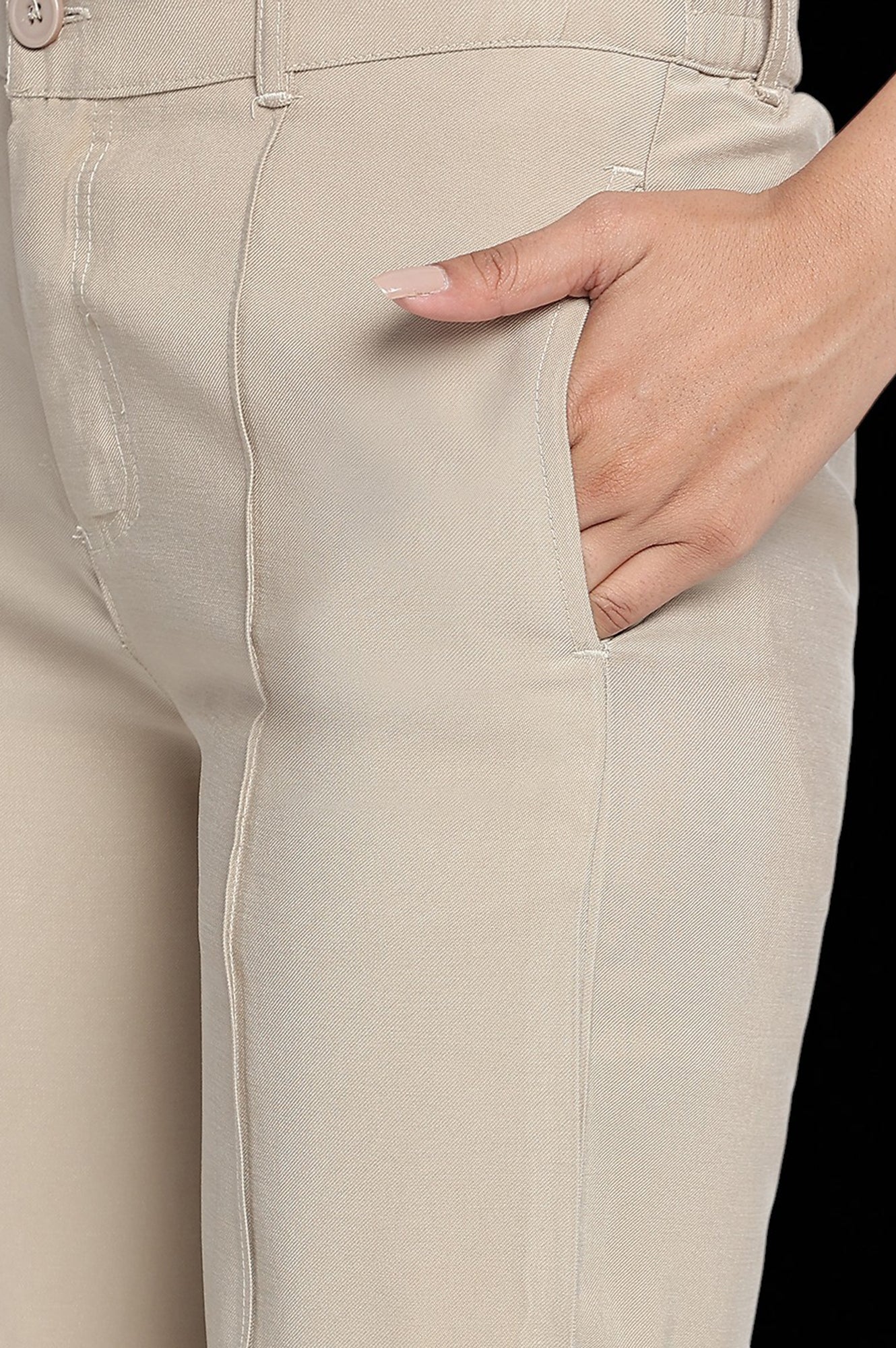 Beige Solid Korea Rayon Twill Pants In Ankle Length with YKK Zipper - Image 7