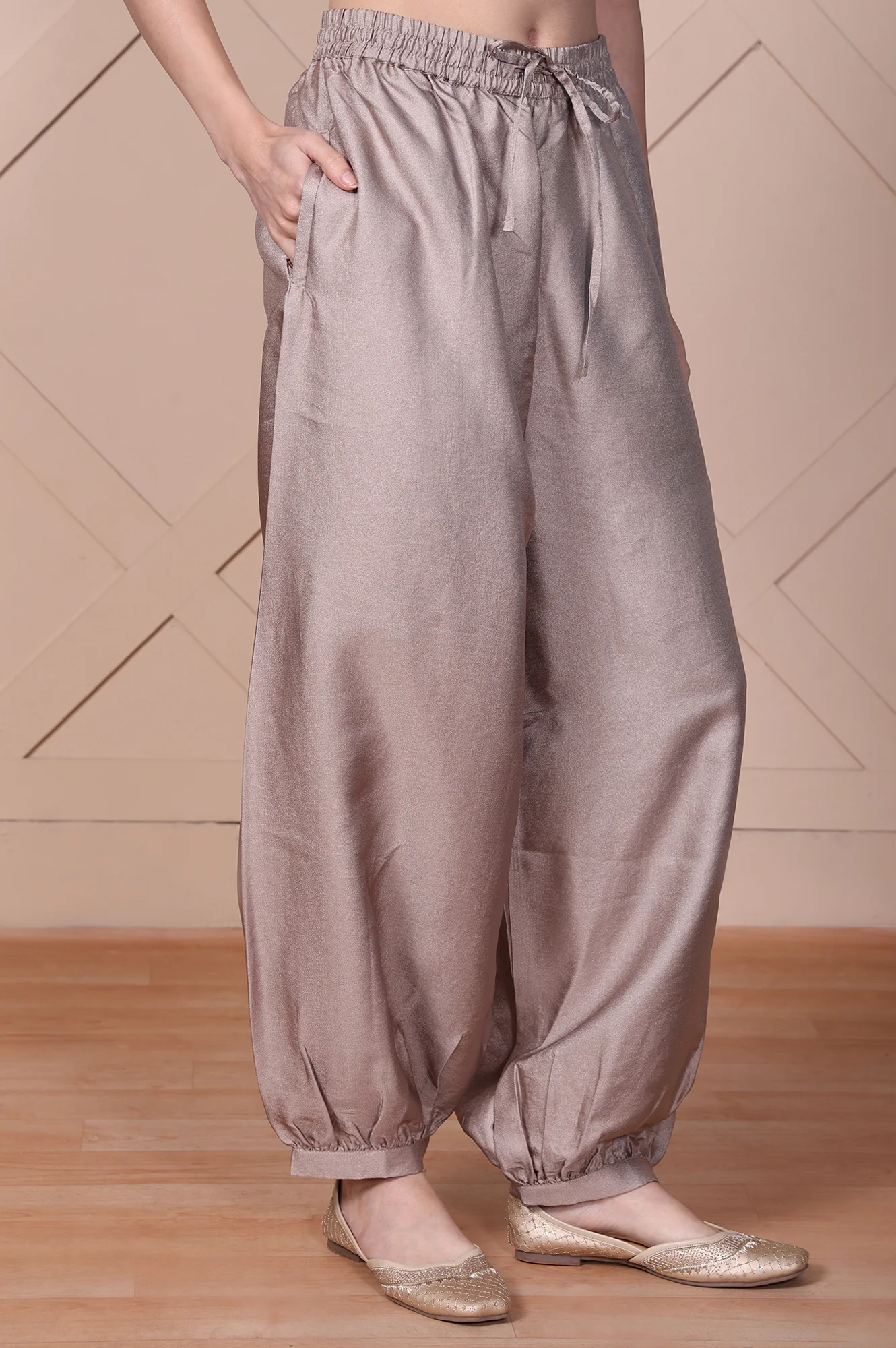 Beige Solid Lustrous Harem Pant - Image 3