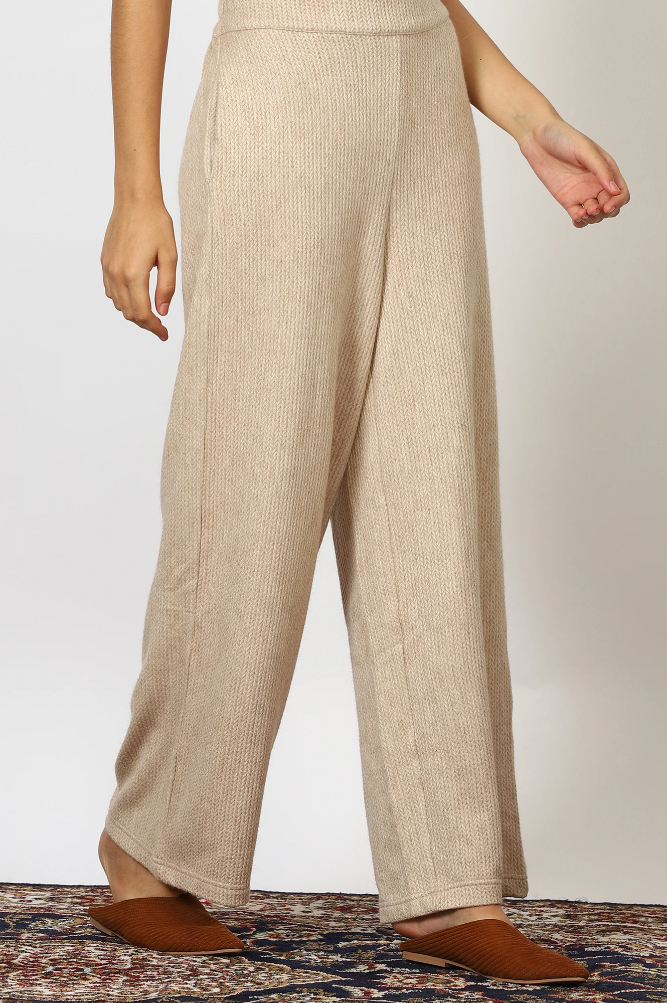 Beige Solid Rayon Parallel Pants - Image 2
