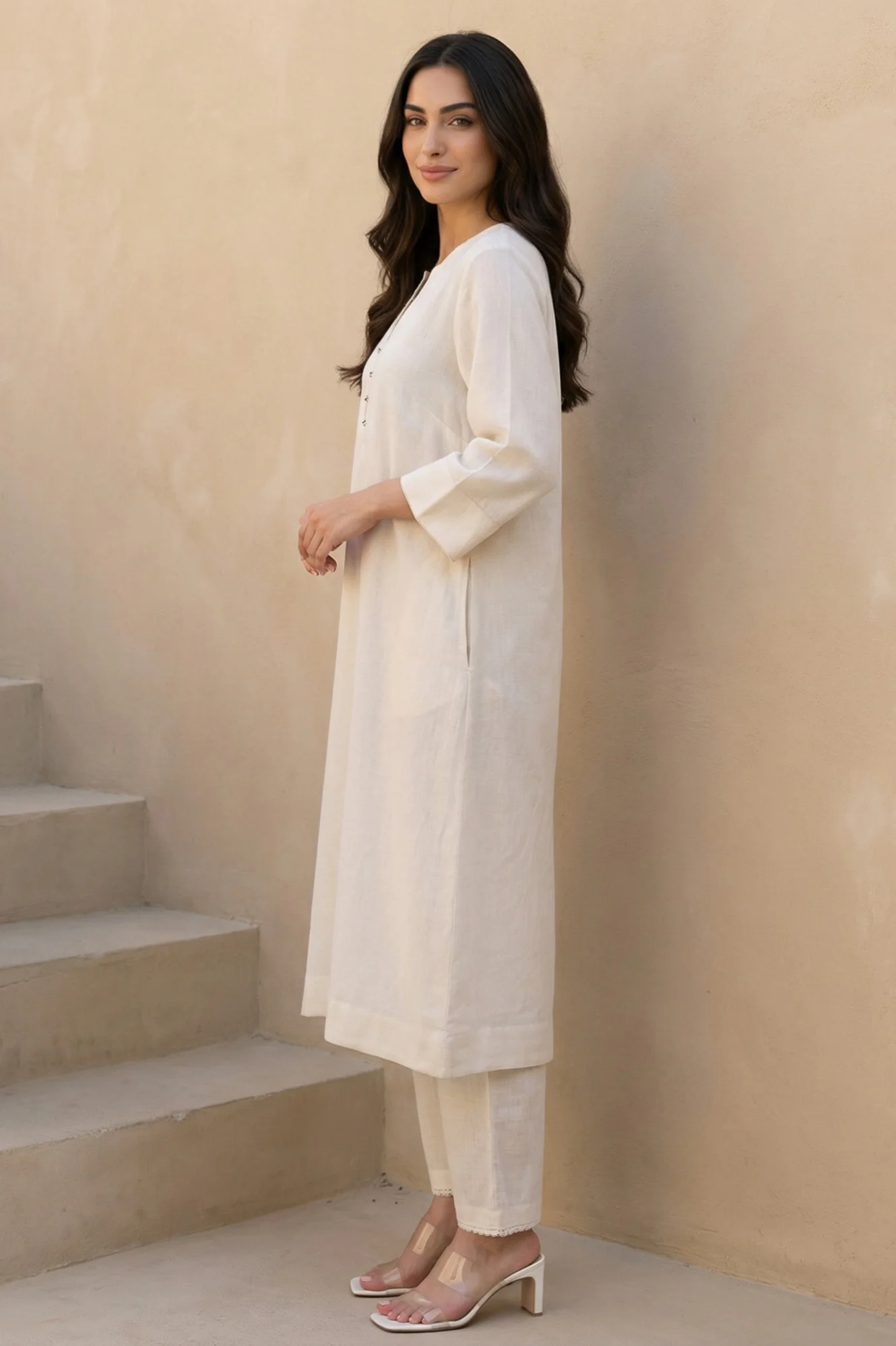 Beige Solid Rayon Straight Kurta - Image 4