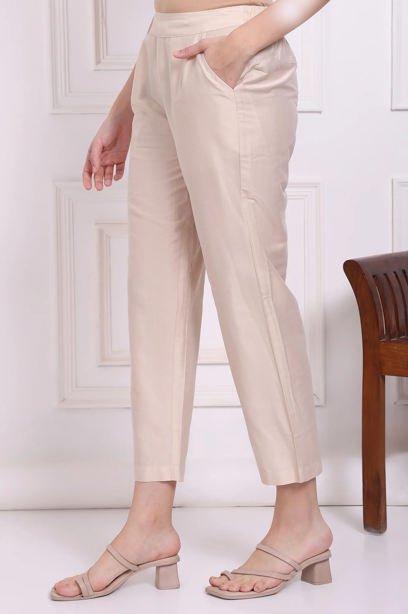 Beige Solid Rayon Straight Pants - Image 2
