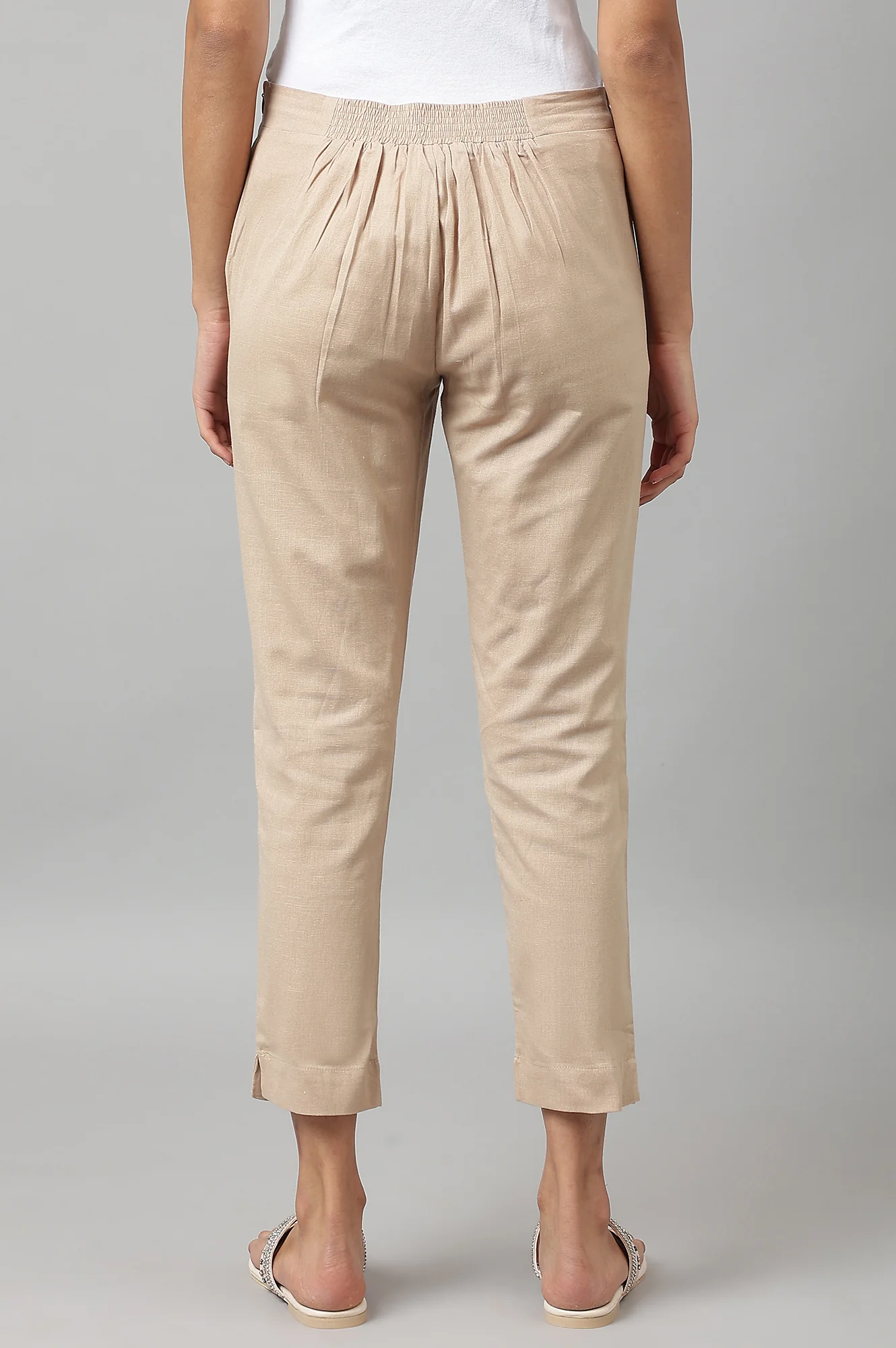 Beige Solid Slim Straight Leg Cotton Trouser - Image 3