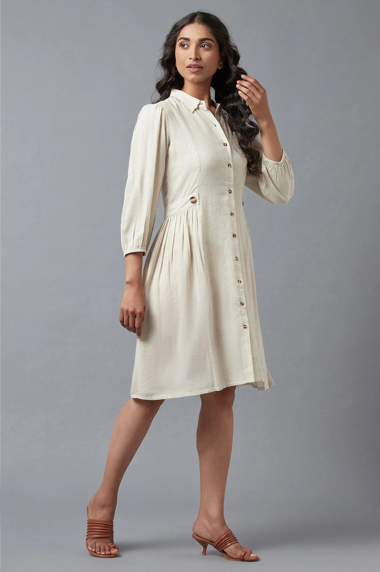 Beige Solid Straight Dress With Thread Embroidery - Image 4