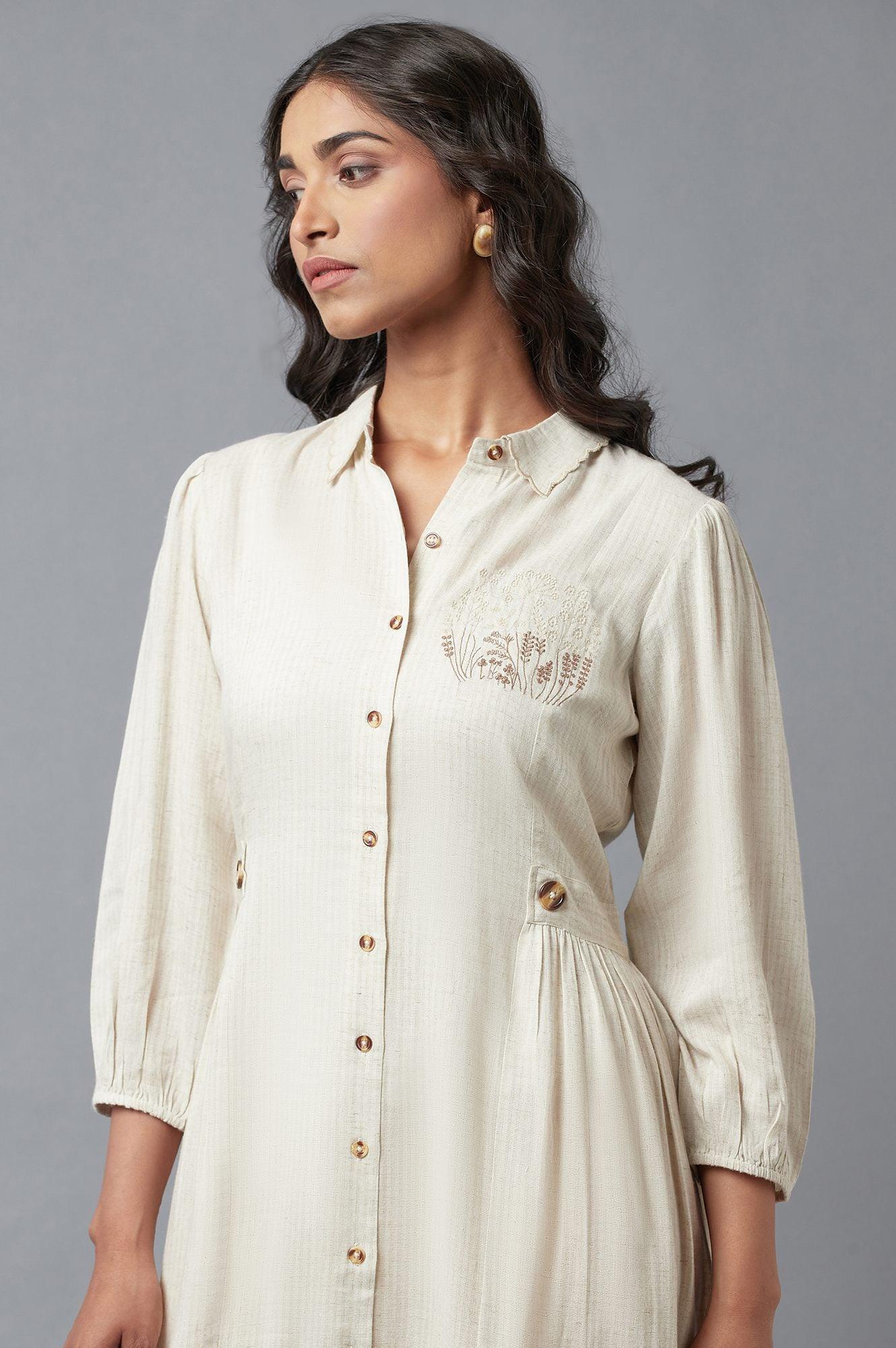 Beige Solid Straight Dress With Thread Embroidery - Image 5