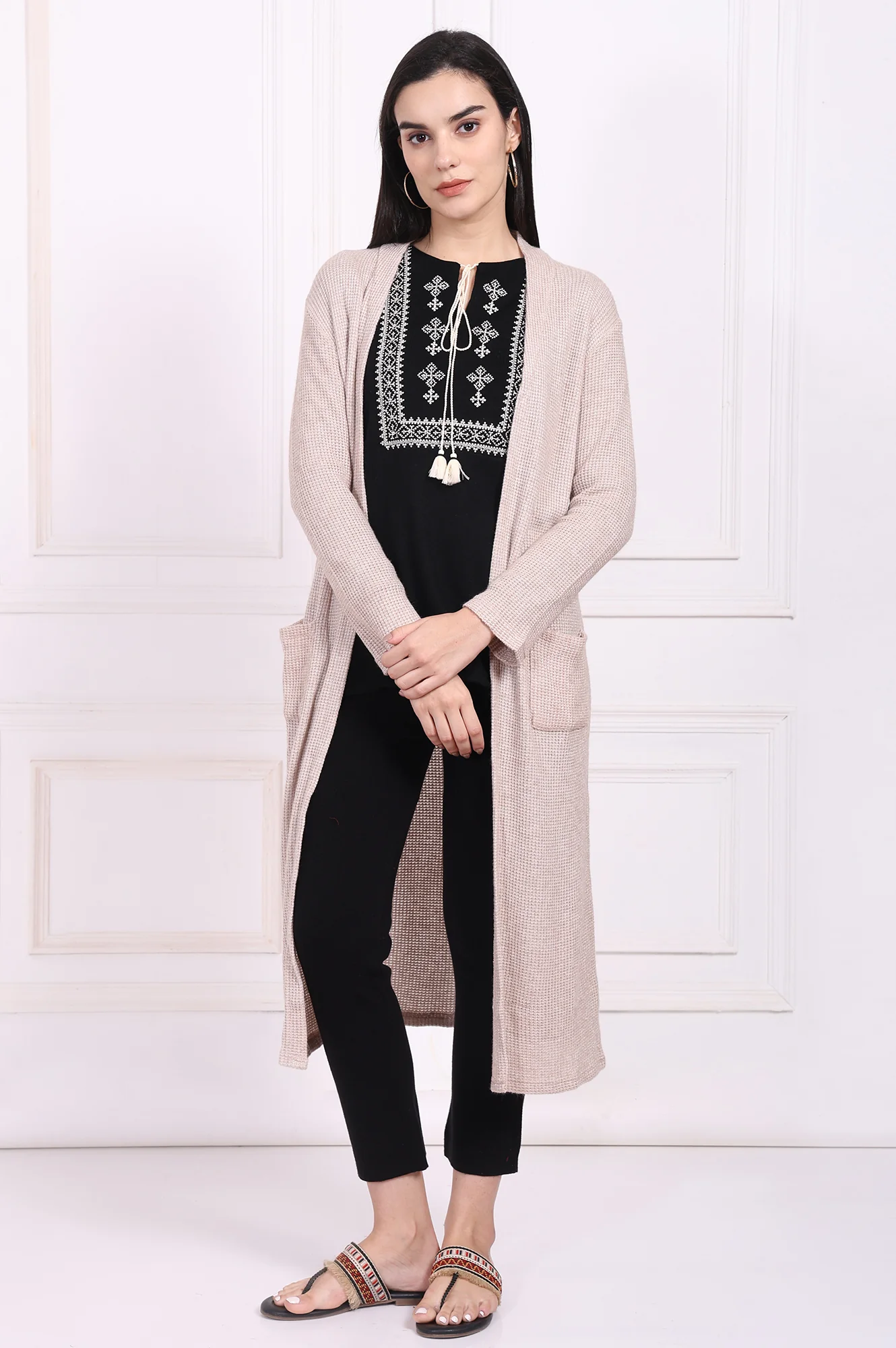 Beige Solid Rayon Winter Trench Jacket