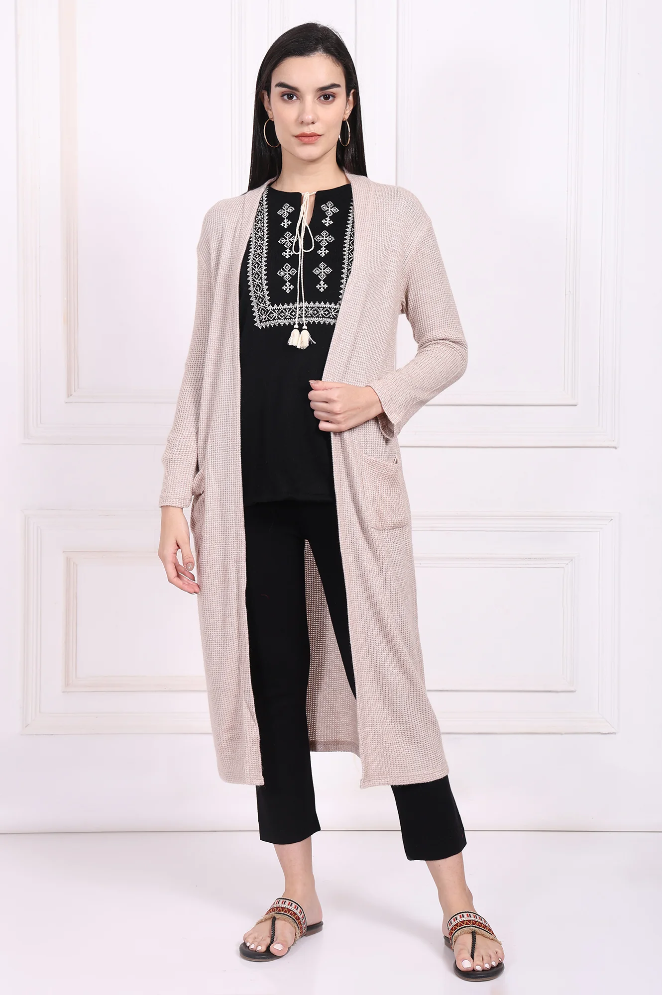 Beige Solid Rayon Winter Trench Jacket - Image 2