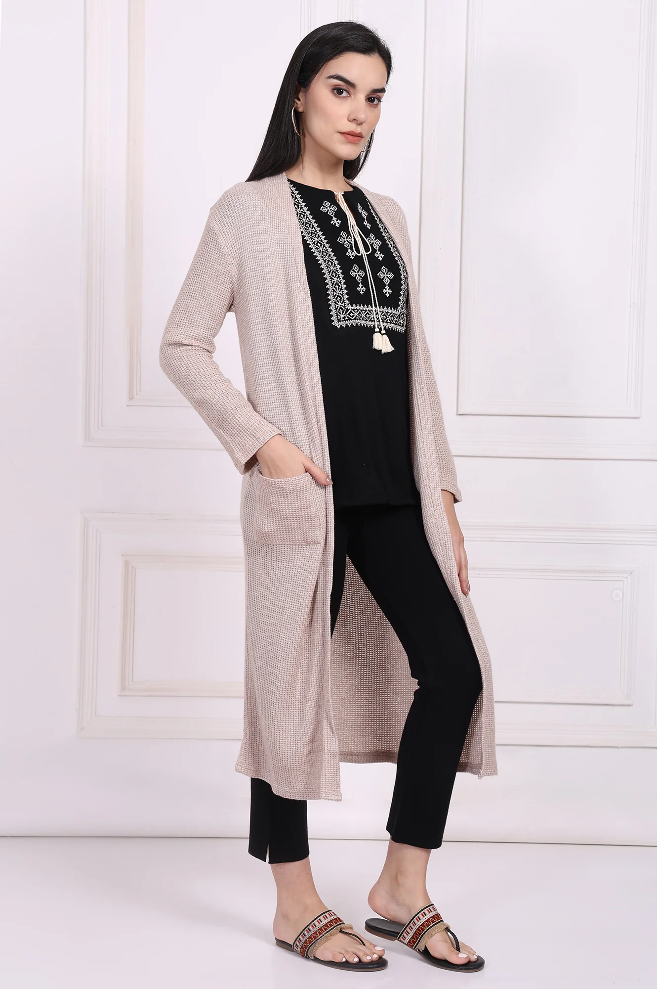 Beige Solid Rayon Winter Trench Jacket - Image 6
