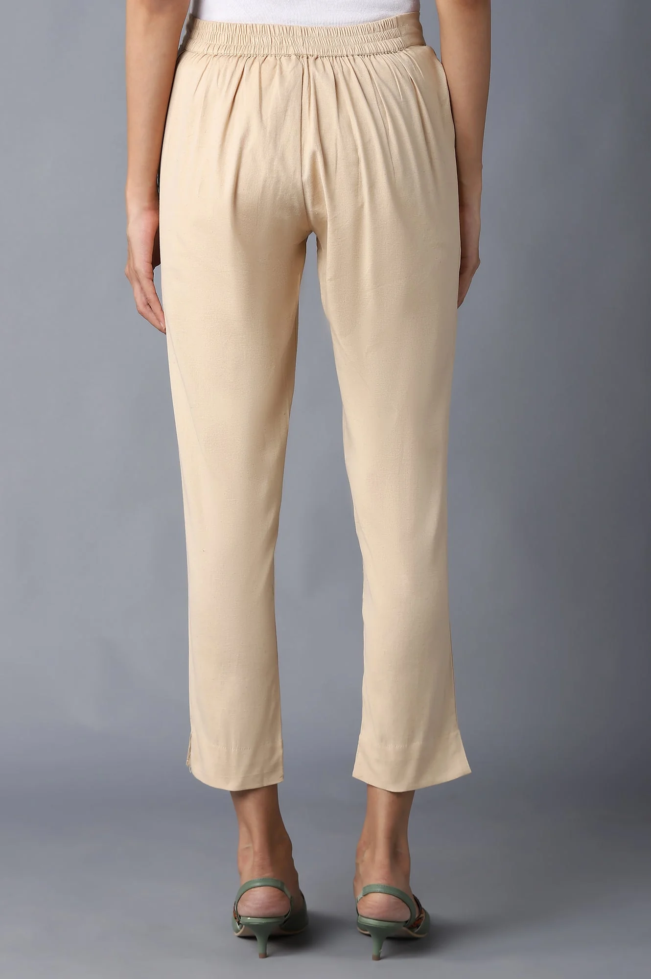 Beige Solid Straight Fit Cotton Trousers With Elasticated Waistband - Image 2
