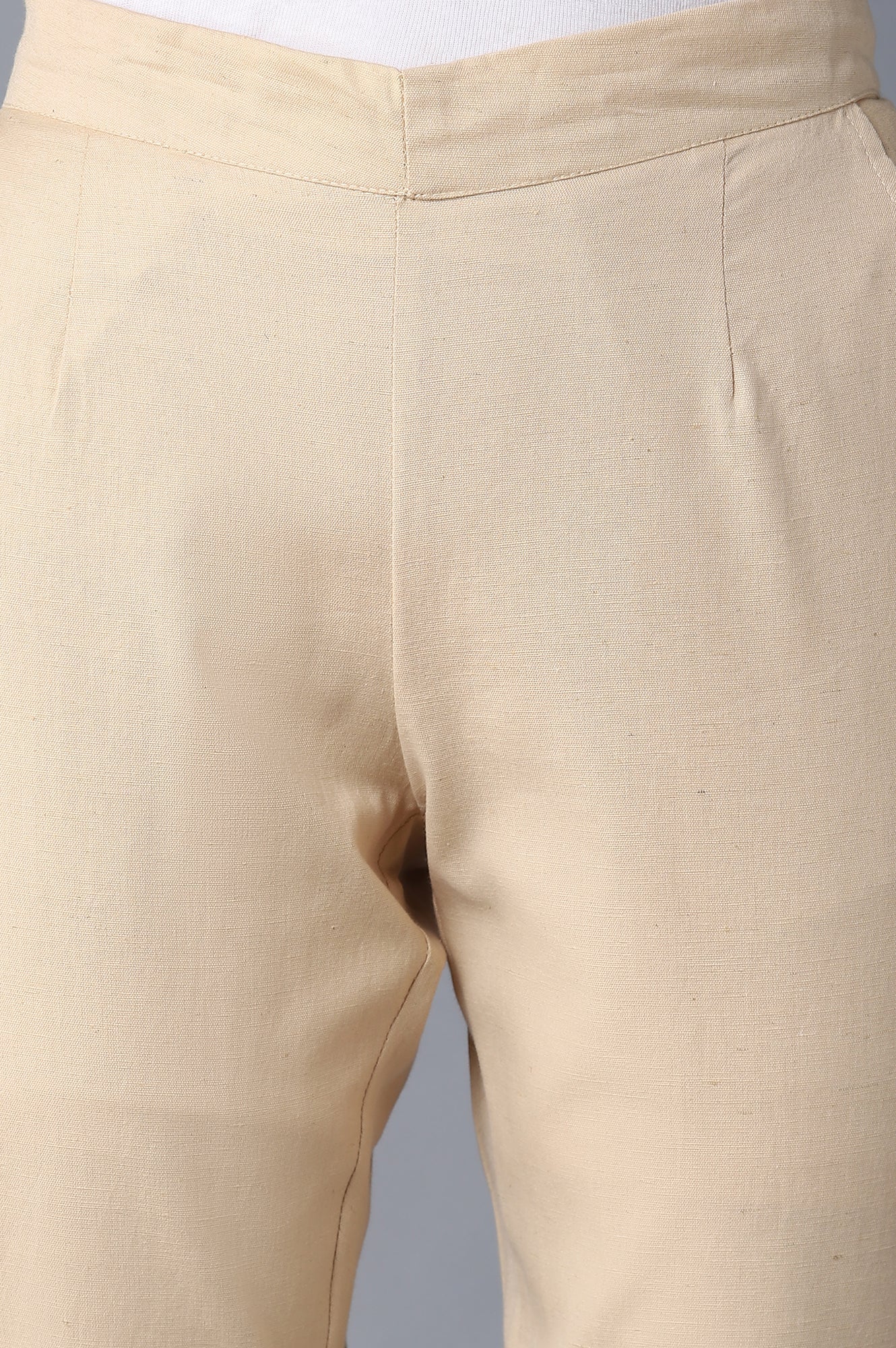 Beige Solid Straight Fit Cotton Trousers With Elasticated Waistband - Image 6