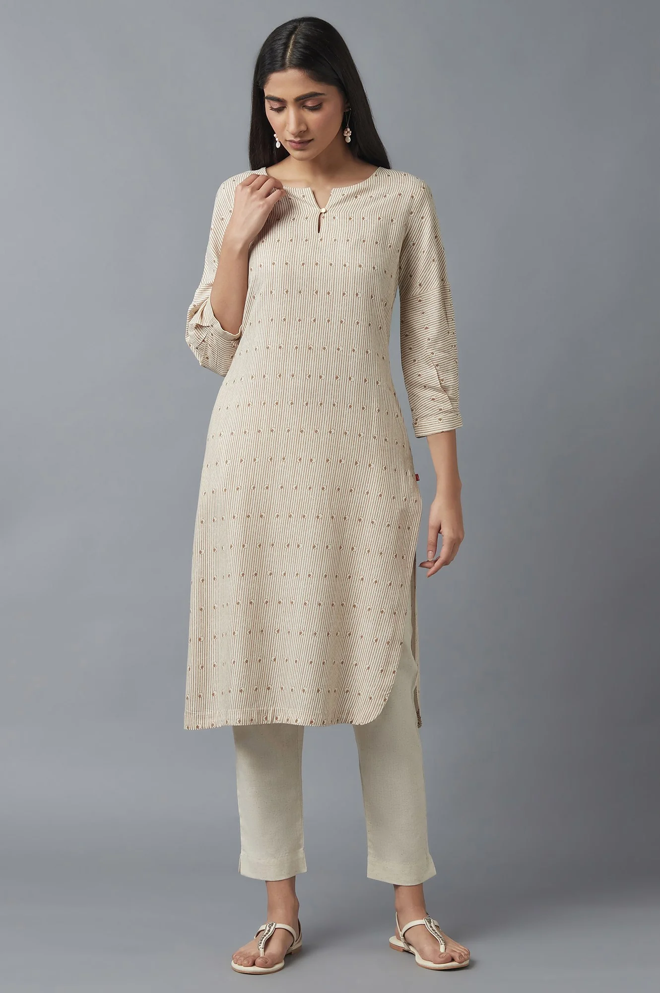 Beige Stripe Print Kurta