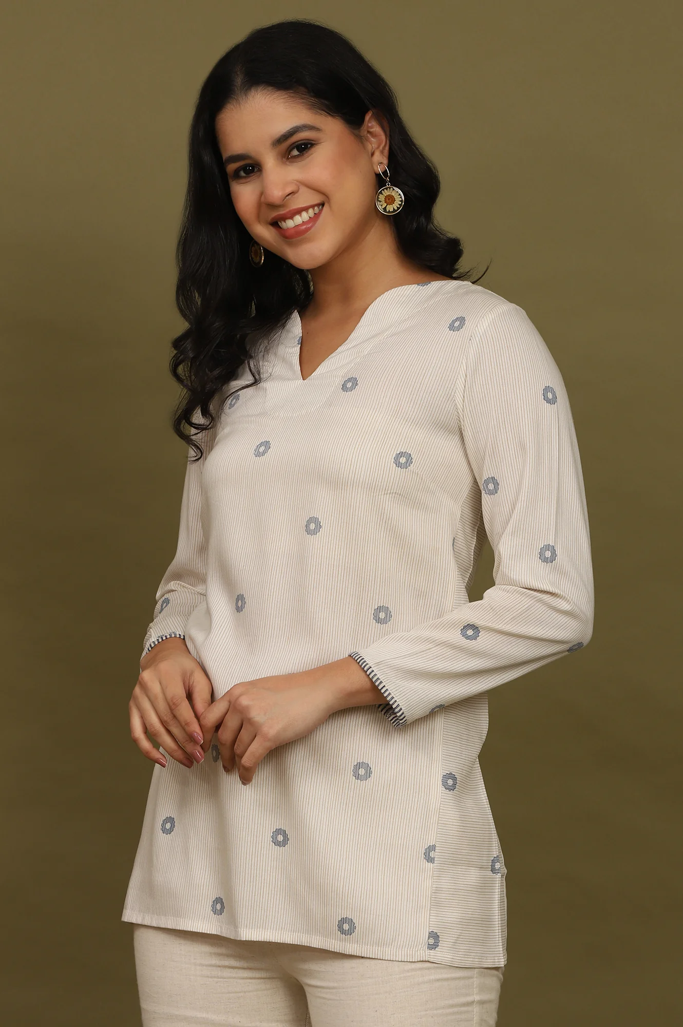 Beige Stripes Rayon Straight Top in Curved Neck - Image 2