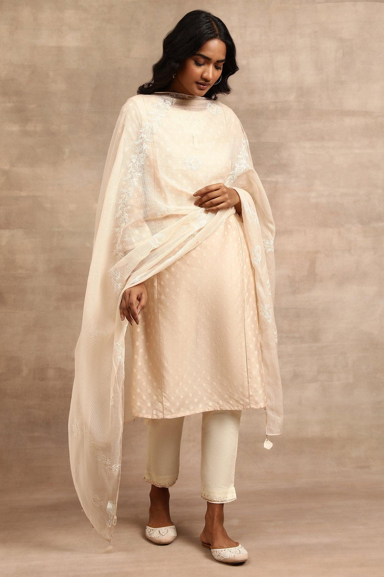 Beige Tepchi Embroidered Kota Drape - Image 2