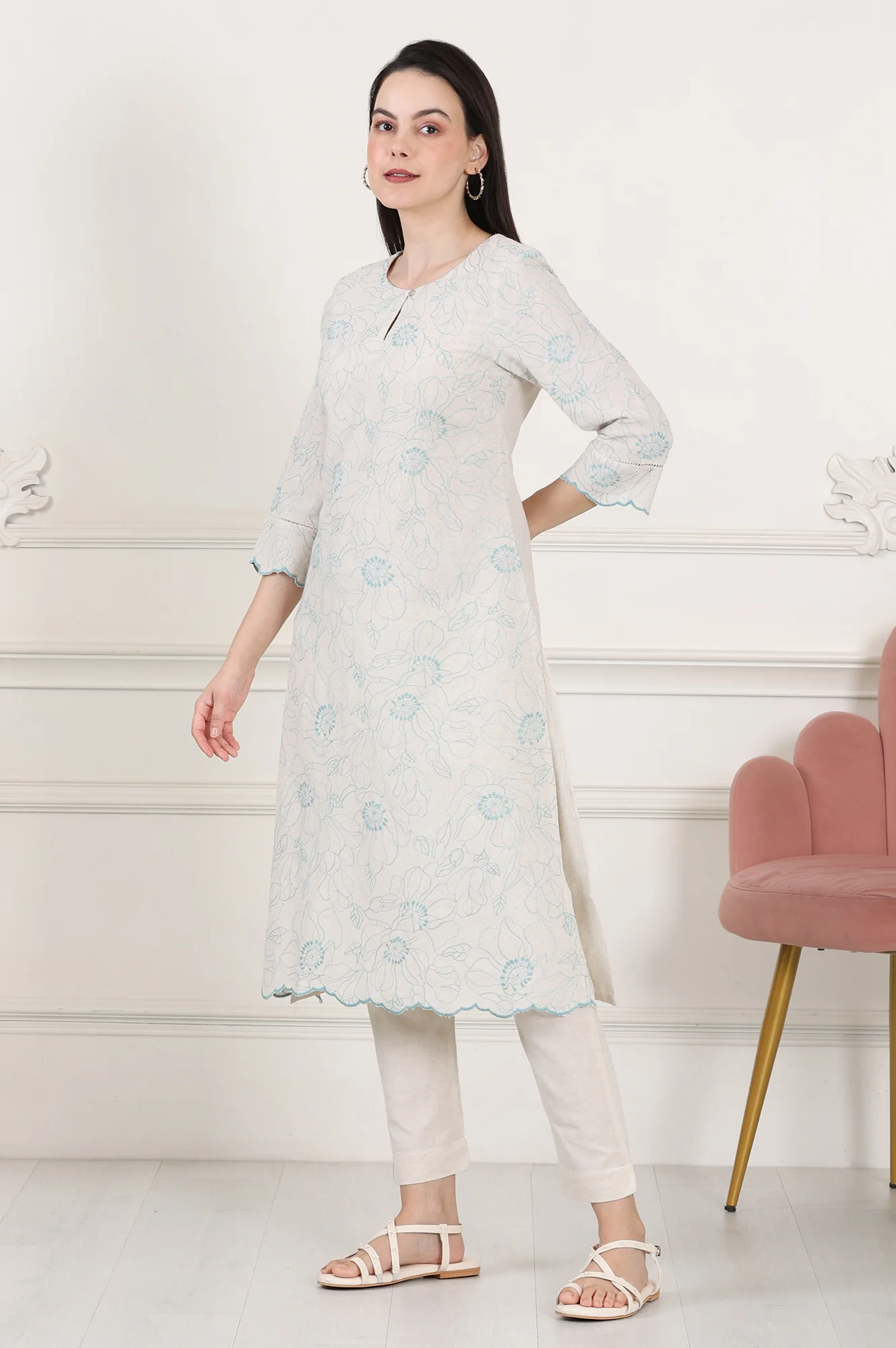 Beige Thread Work Linen Straight Kurta With Scalloped Hemline - Image 4