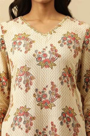 Beige V-Neck Buti Block Printed Kurta - Image 7