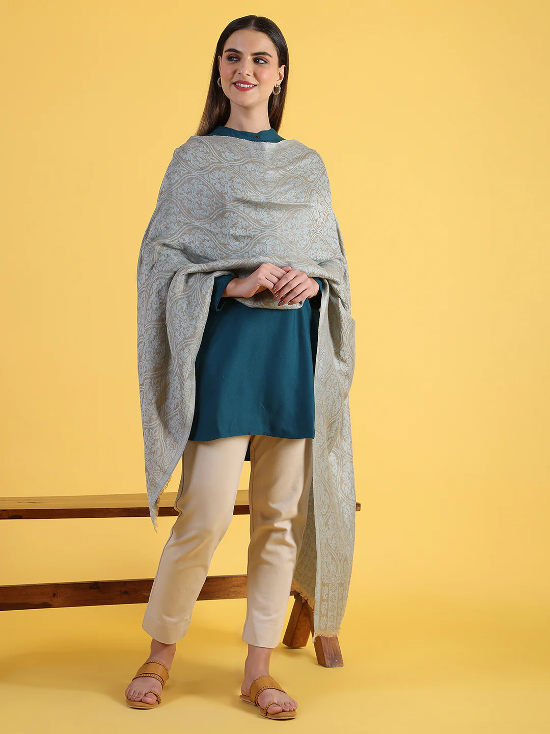 Beige Wool Silk Winter Shawls