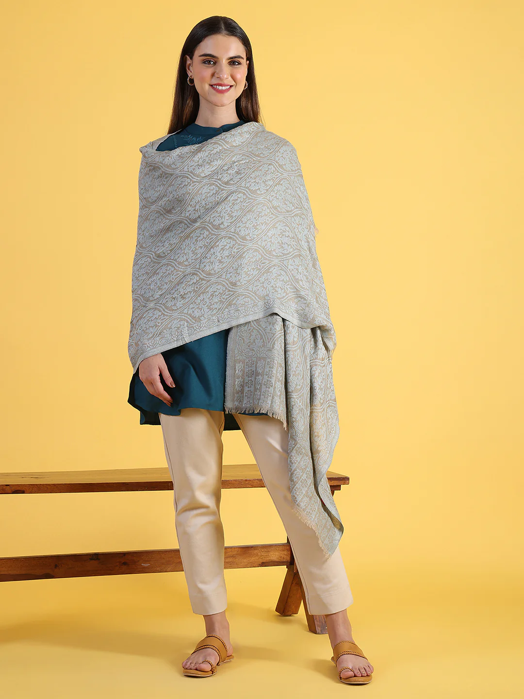 Beige Wool Silk Winter Shawls - Image 2