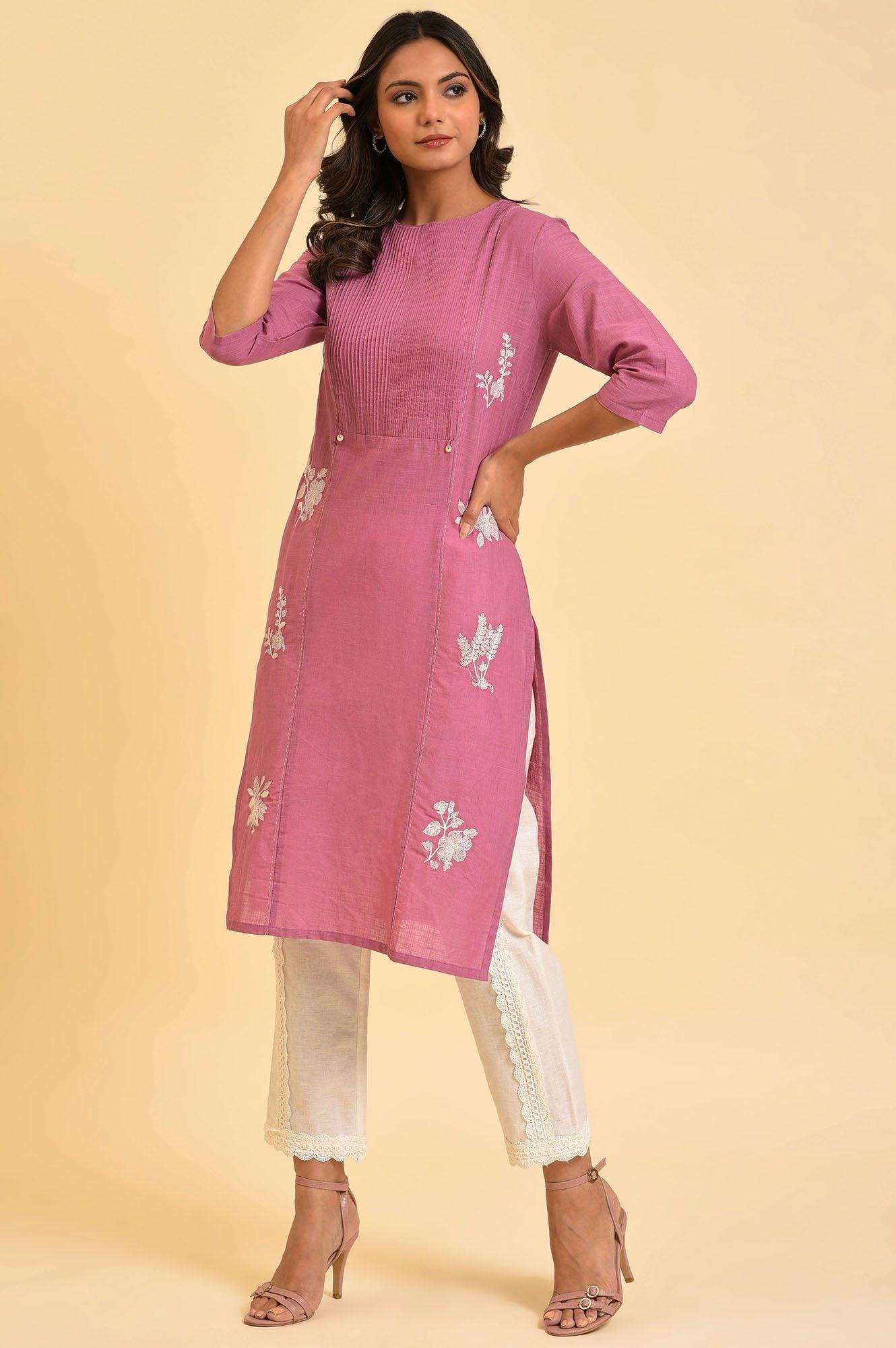 Berry Pink Embroidered kurta With Pin Tucks - Image 3