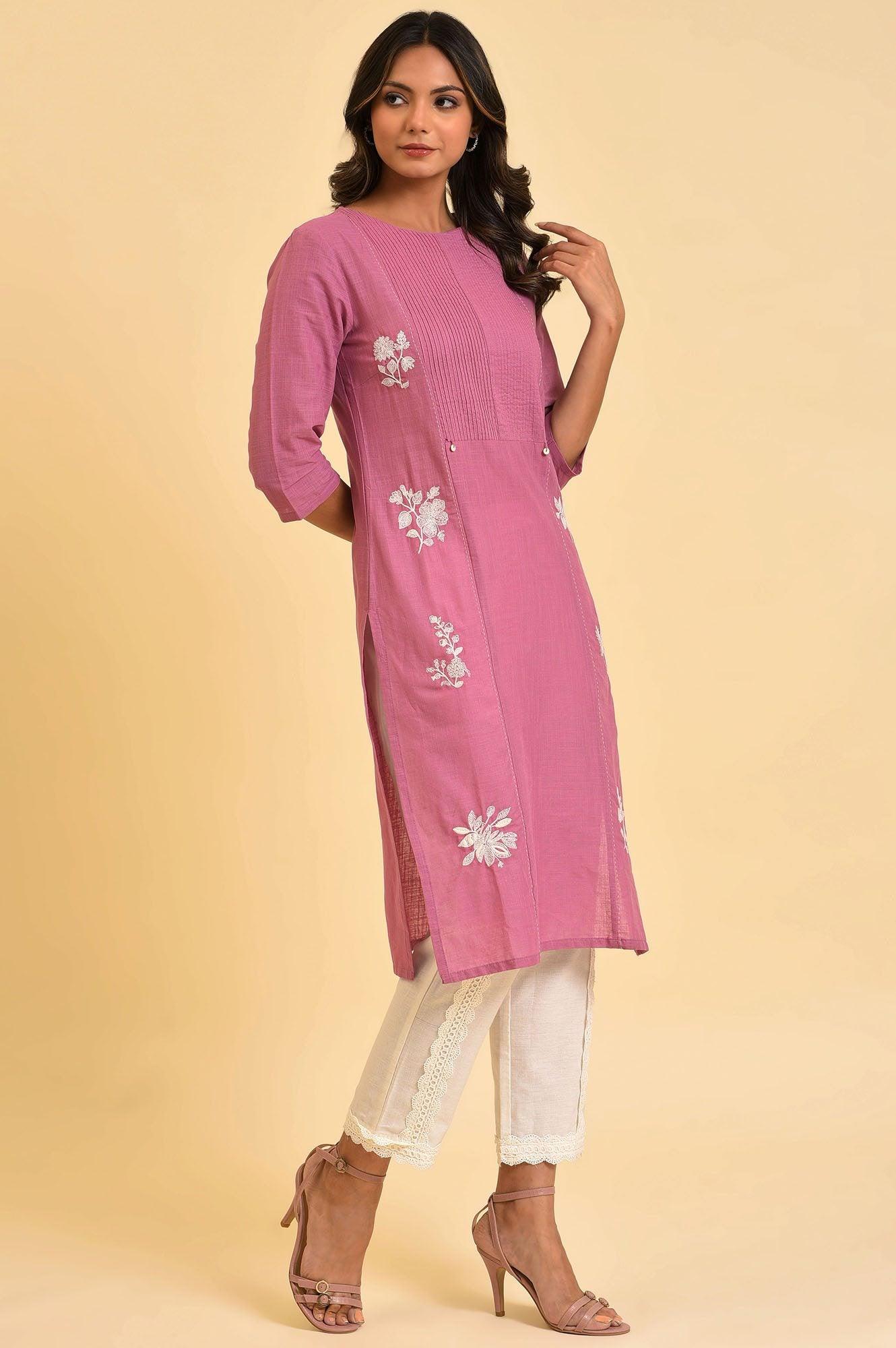 Berry Pink Embroidered kurta With Pin Tucks - Image 4