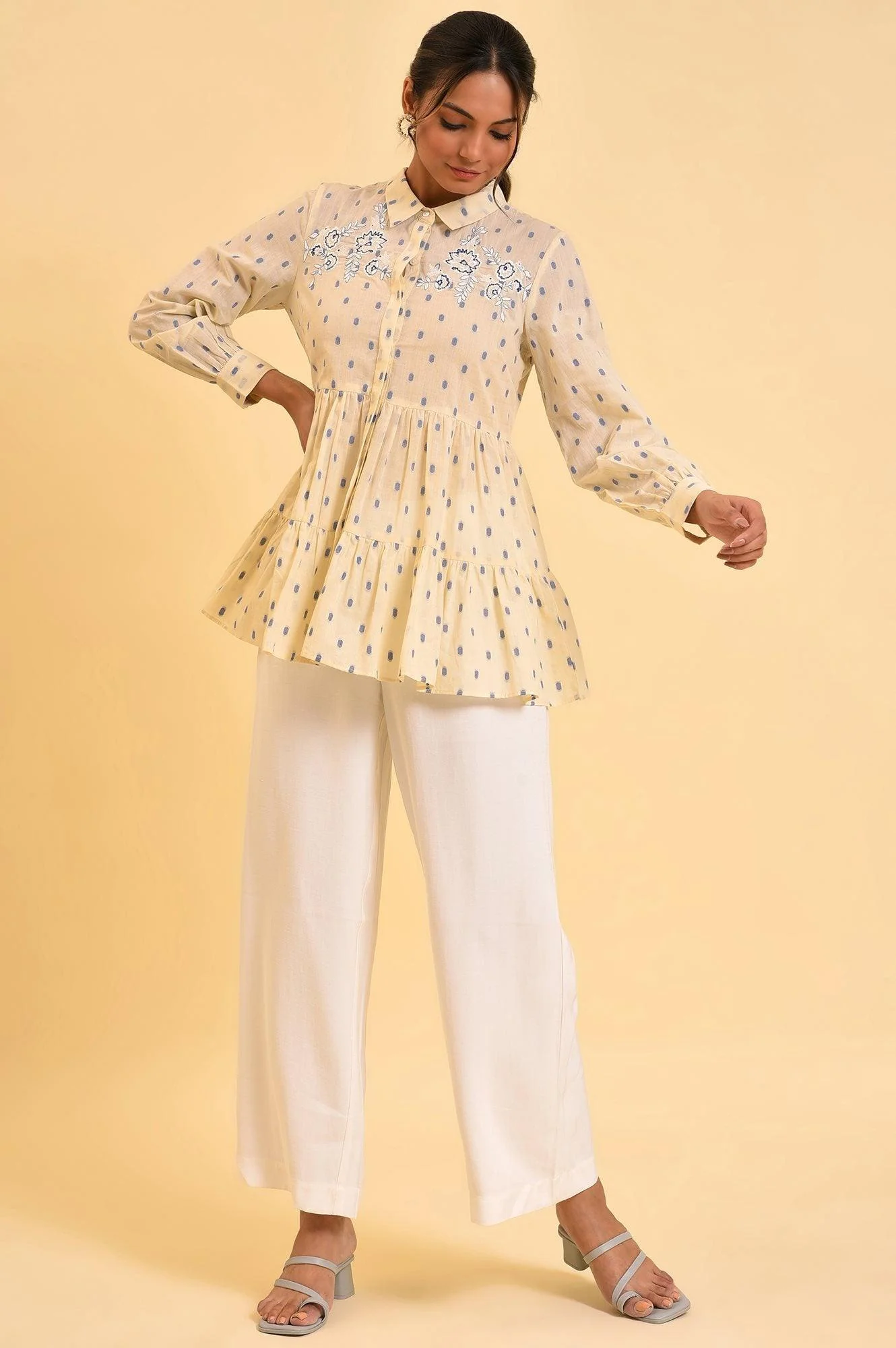 Biege Cotton Textured Top With Embroidery - Image 6