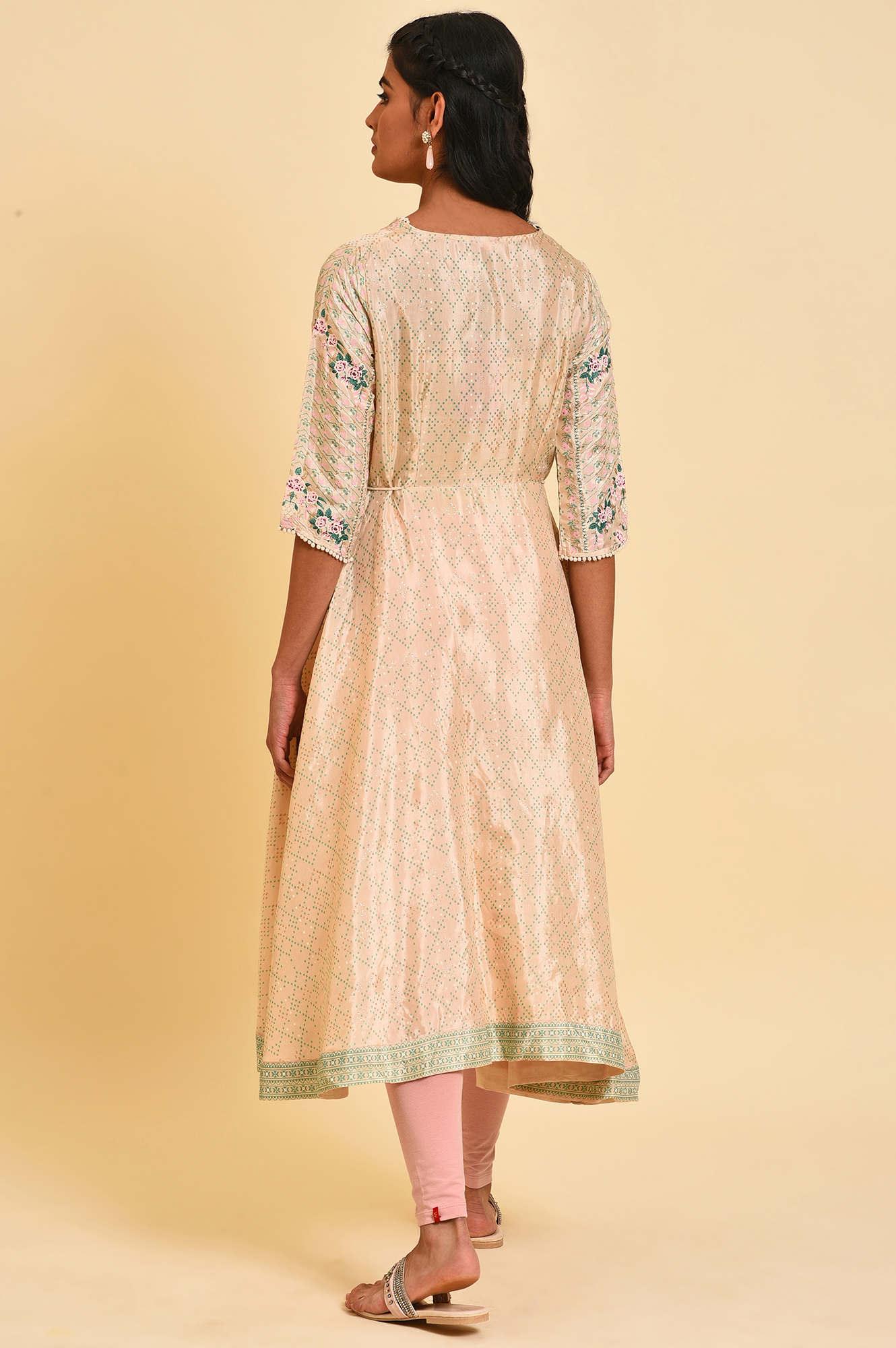 Biege Glitter Printed Flared kurta With Embroidery - Image 2