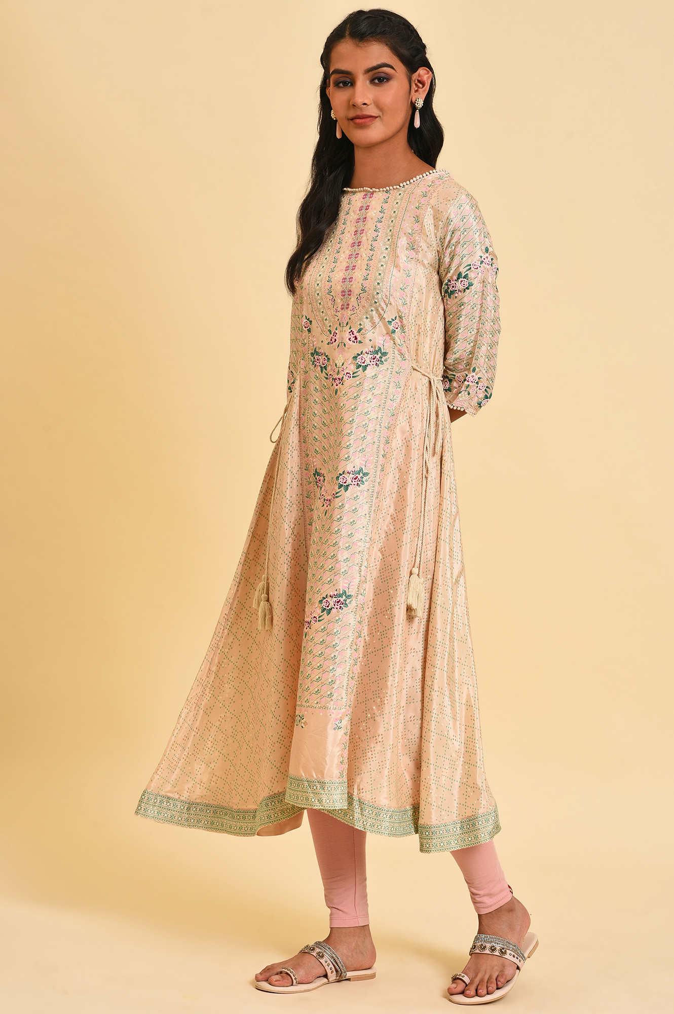 Biege Glitter Printed Flared kurta With Embroidery - Image 3