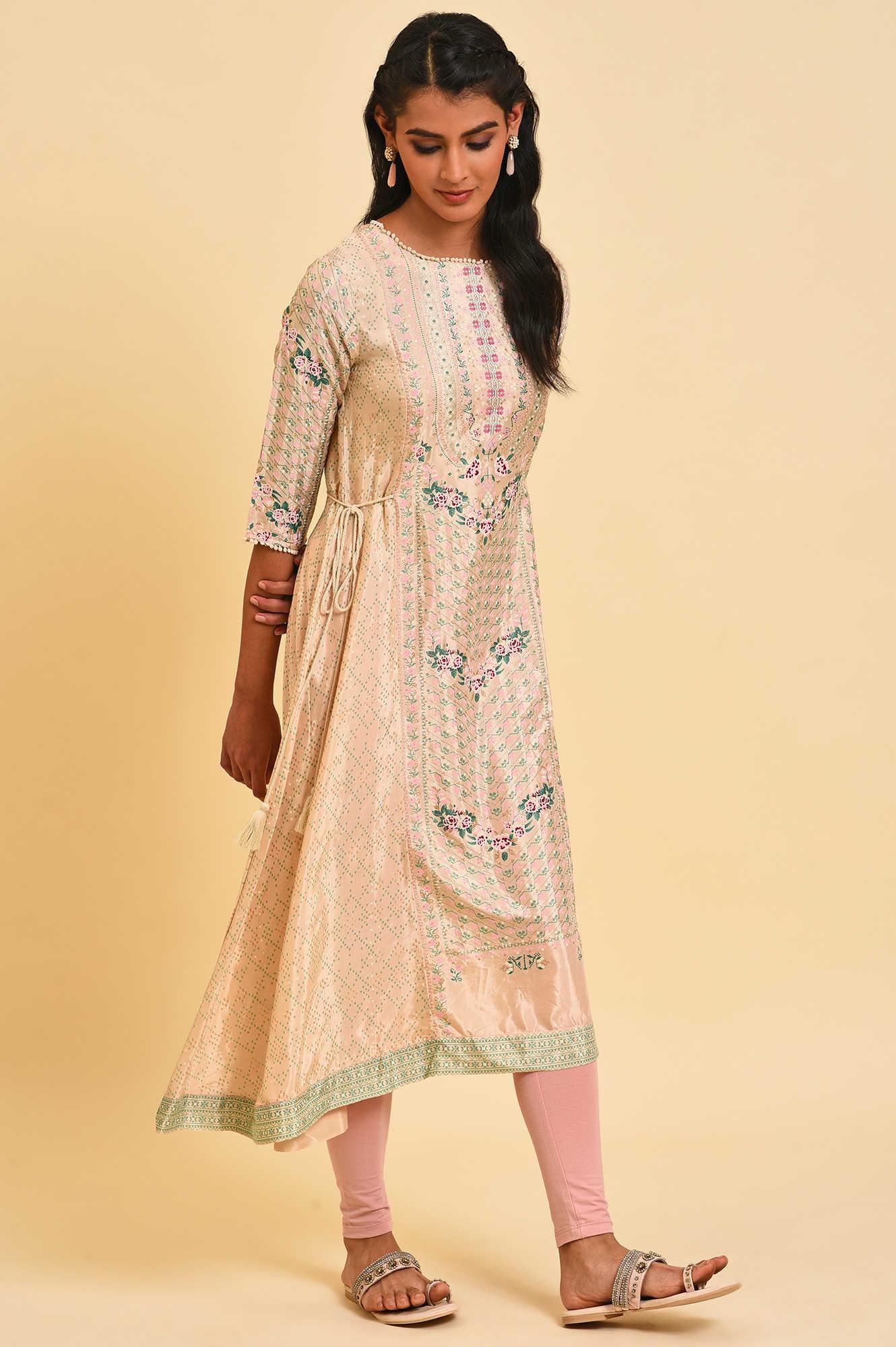 Biege Glitter Printed Flared kurta With Embroidery - Image 4