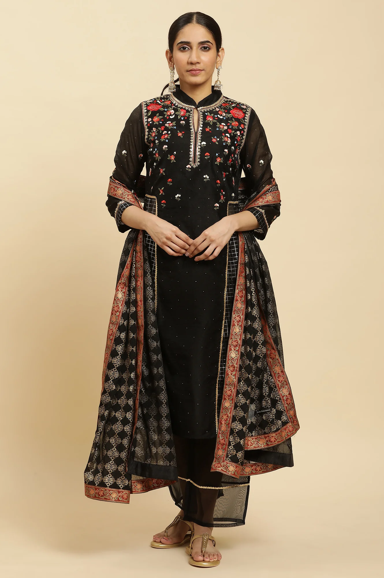 Black A-Line Chanderi Embroidered Kurta, Pants And Dupatta Set - Image 2