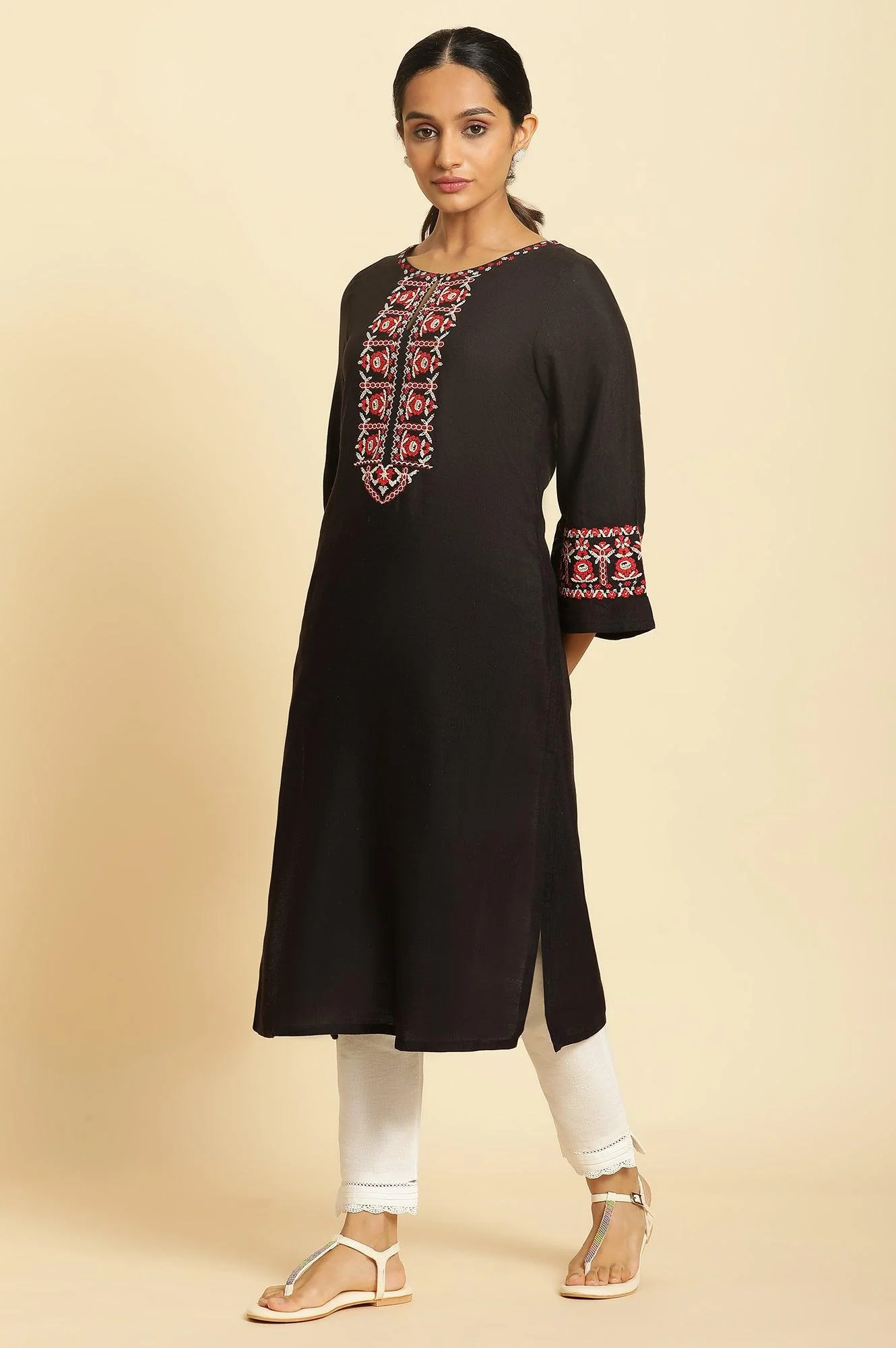 Black Thread Embroidered A-line Rayon Flax Kurta - Image 2