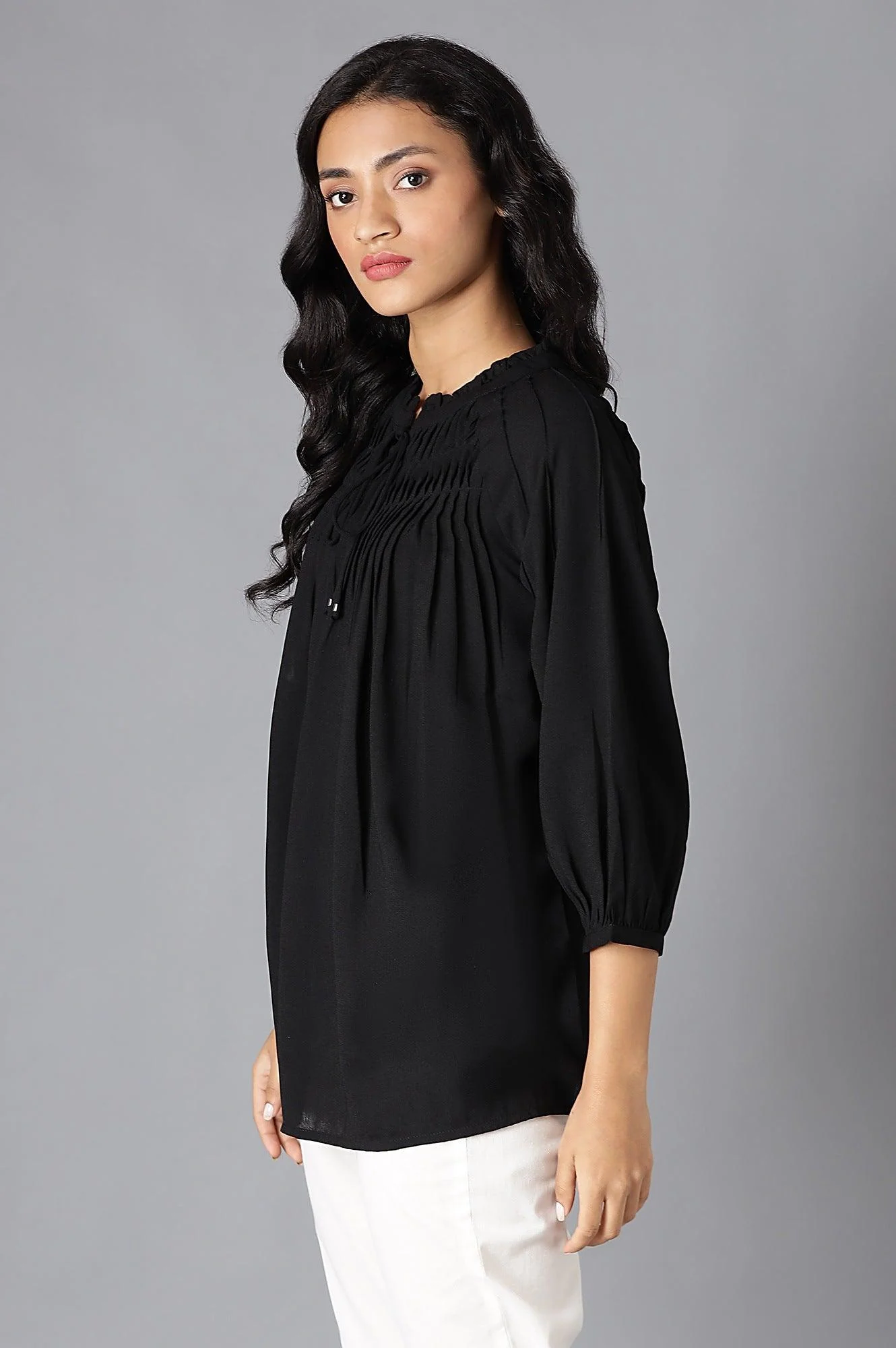 Black A-Line Pleated Top With Tie-Up Neck - Image 3