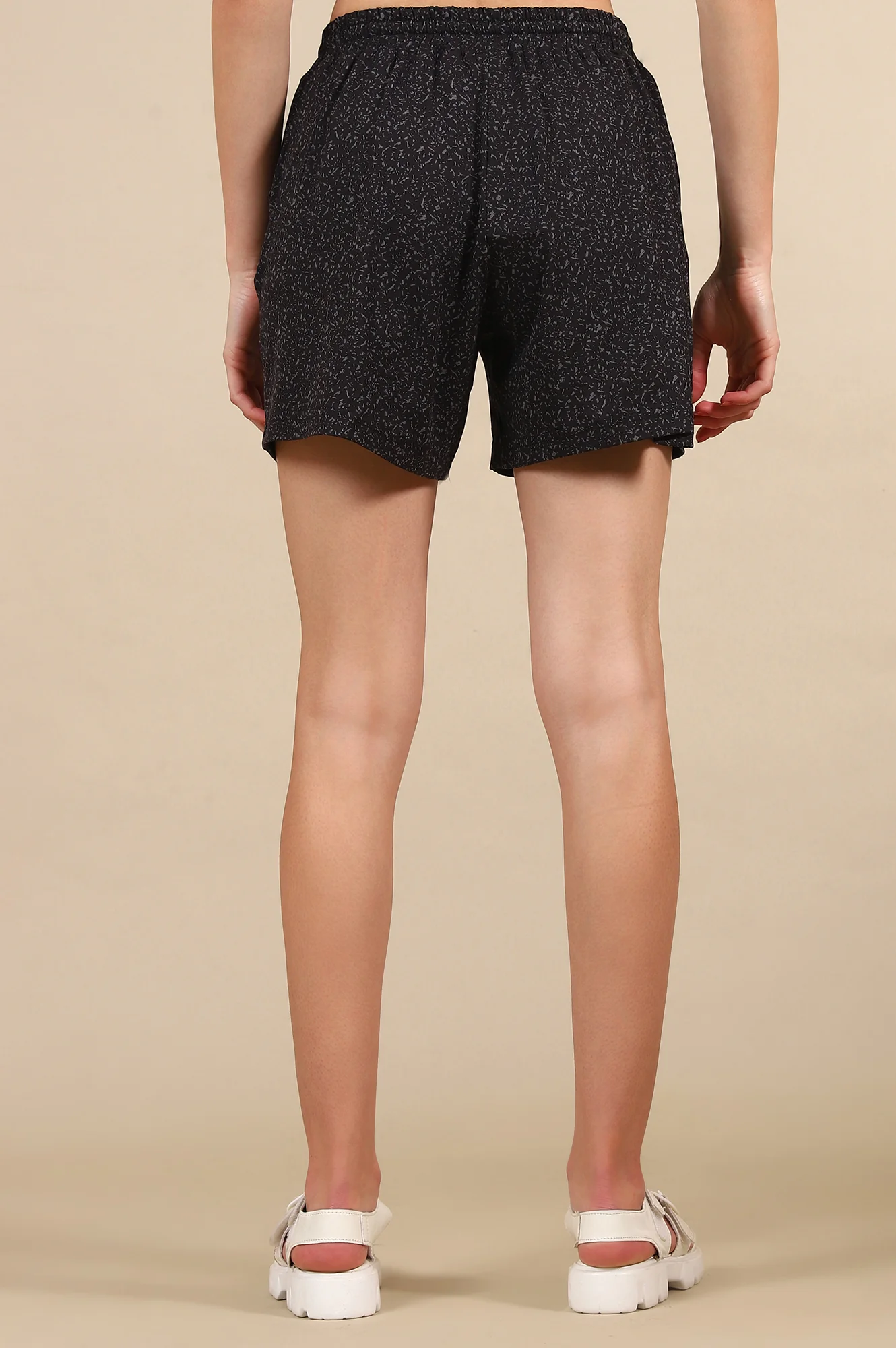 Black Abstract Printed Loose Fit Shorts With Drawstring - Image 3