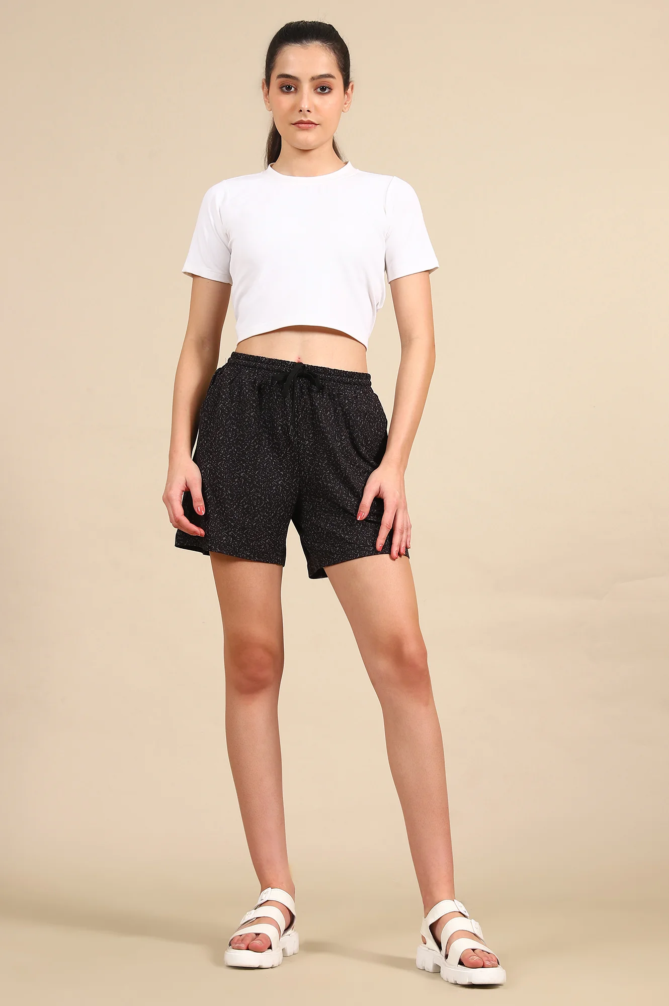 Black Abstract Printed Loose Fit Shorts With Drawstring - Image 5