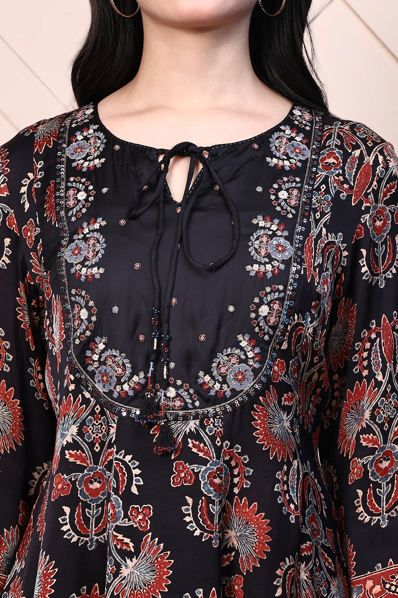 Black Ajrak Printed Satin Flared Kurta with Aari Embroidery on Yoke - Image 3