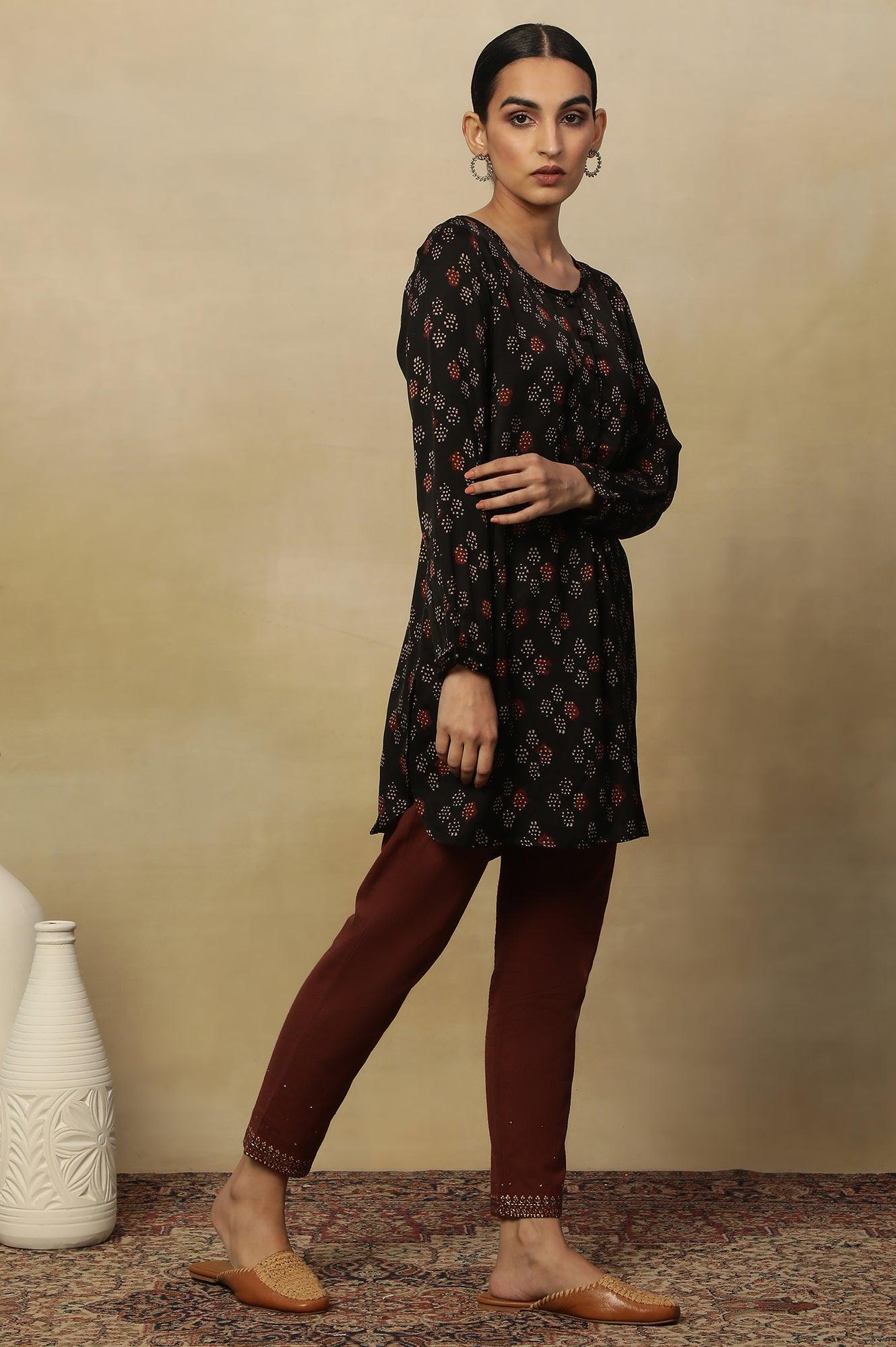 Black Ajrakh Dot Print Round Neck Long Top In Fluid Satin - Image 5