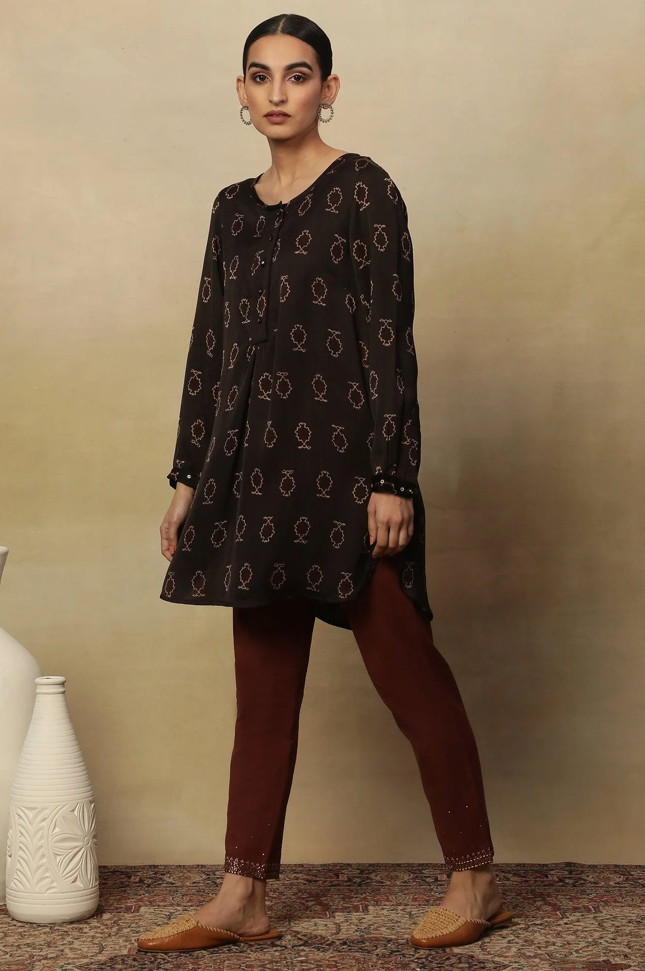 Black Ajrakh Print Long Top In Fluid Satin - Image 3