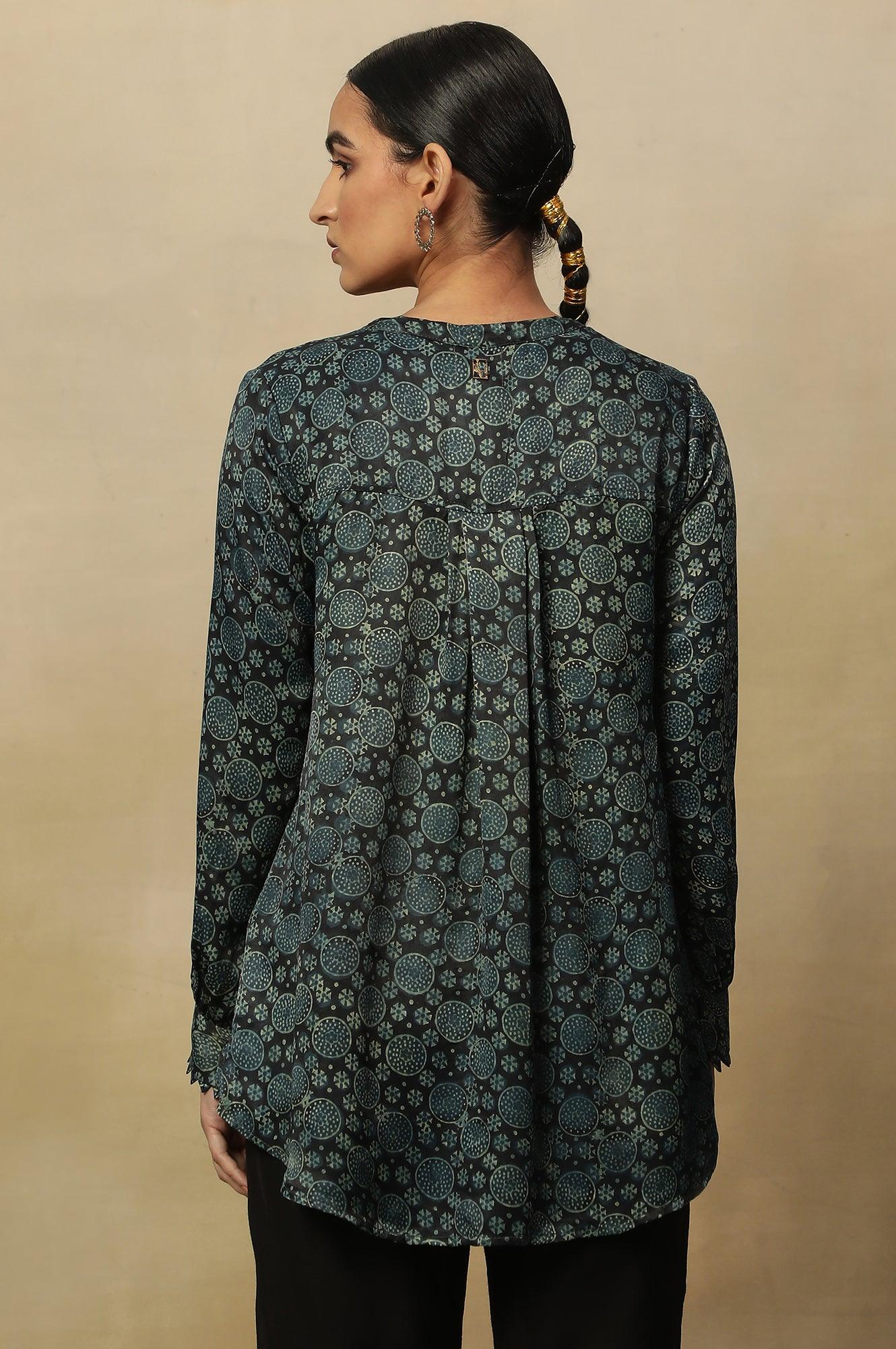 Black Ajrakh Print Lustrous Satin Top - Image 3