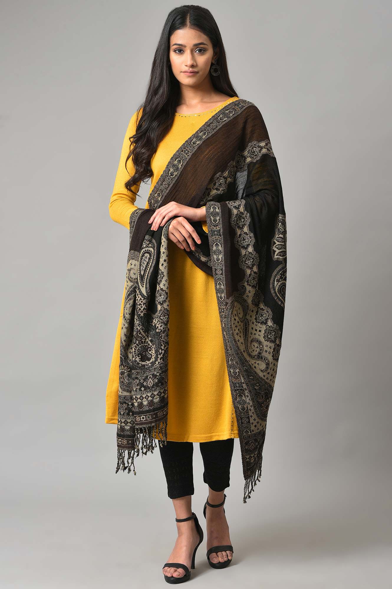 Black And Brown Paisley Printed Shawl - Image 2