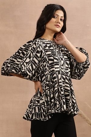 Black And White Geometric Printed Peplum Top - Image 4