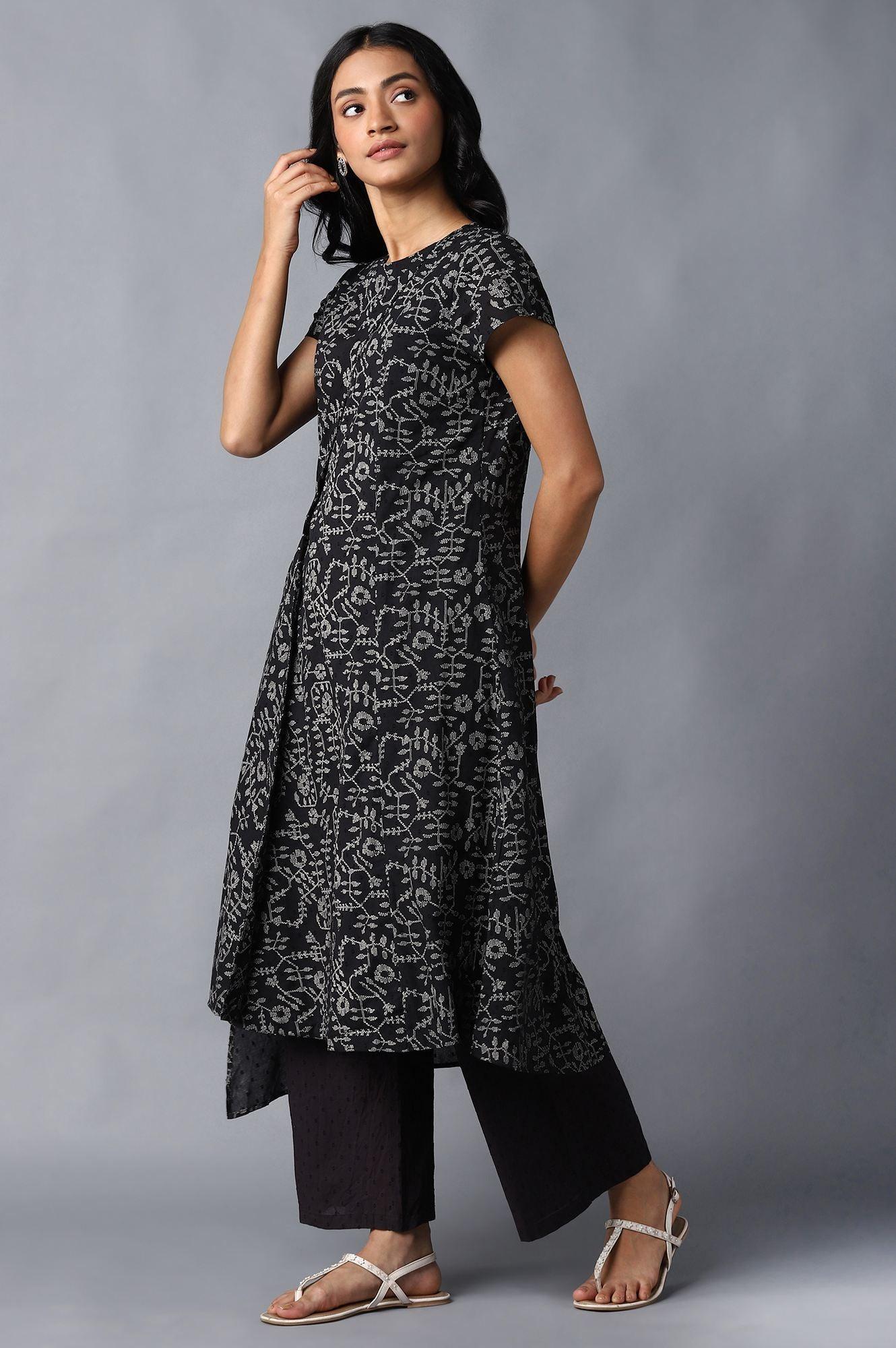 Black Angrakha Cotton kurta In Round Neck - Image 3