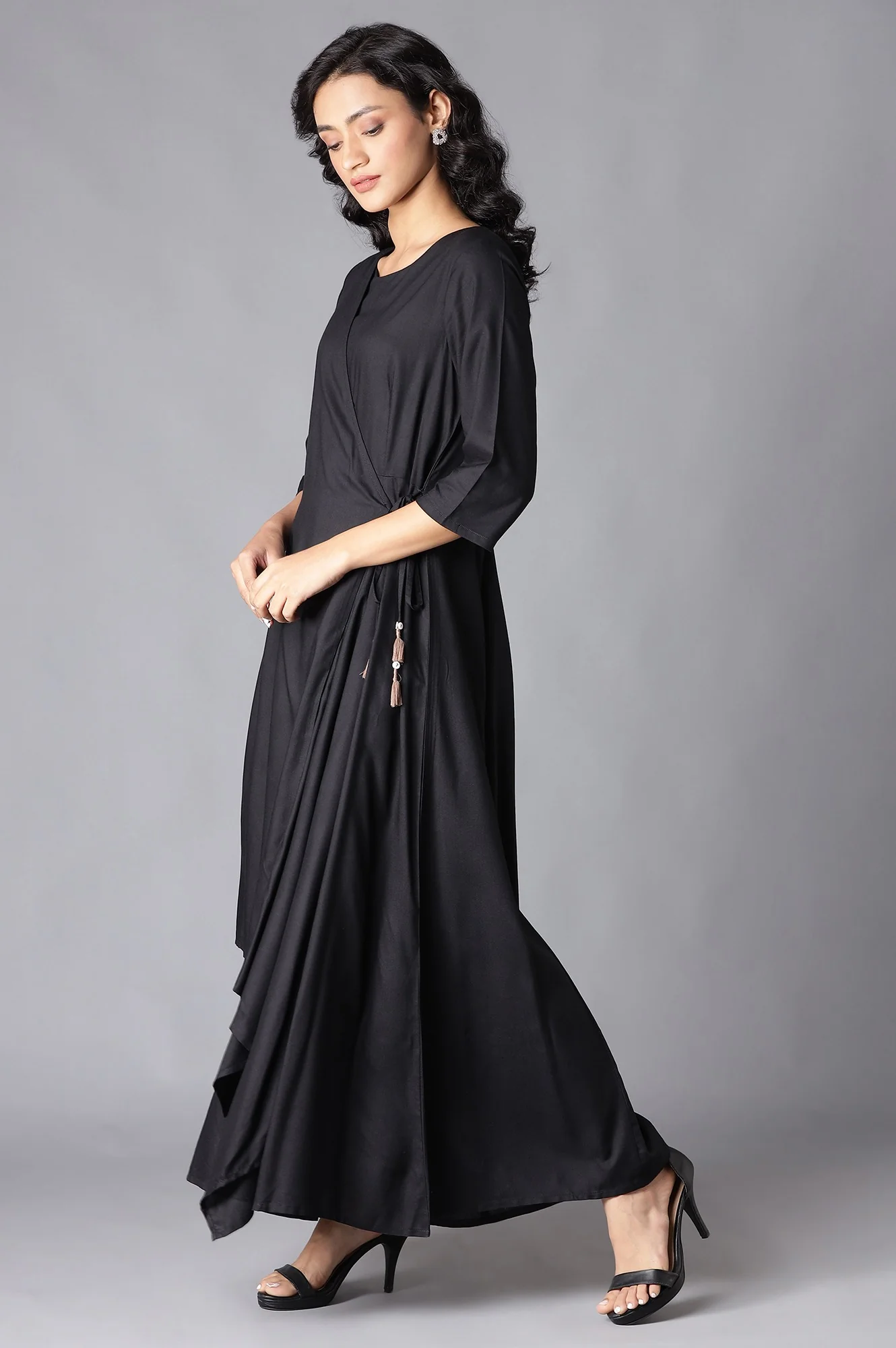 Black Angrakha Maxi Dress In Round Neck - Image 3