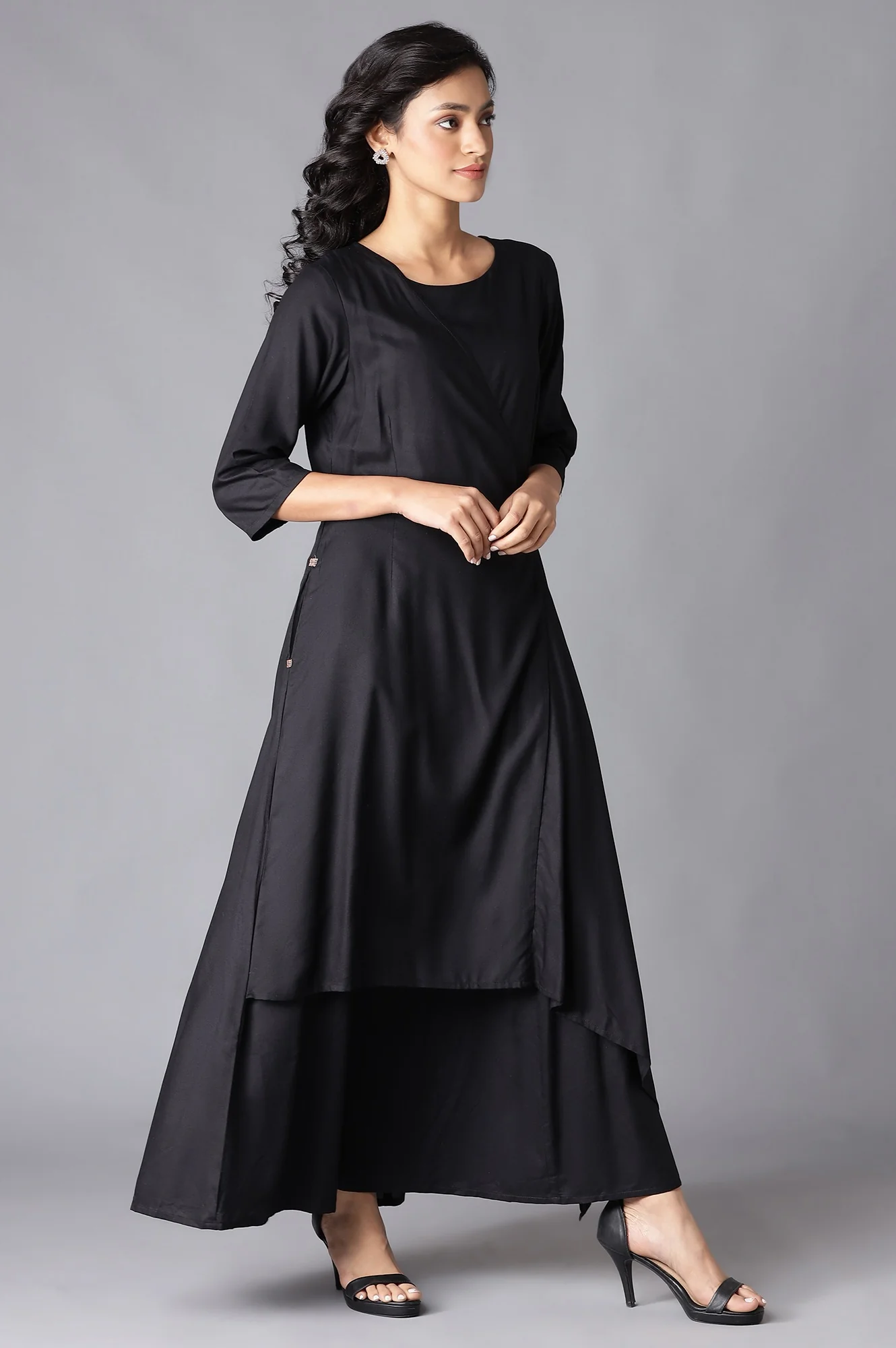Black Angrakha Maxi Dress In Round Neck - Image 4