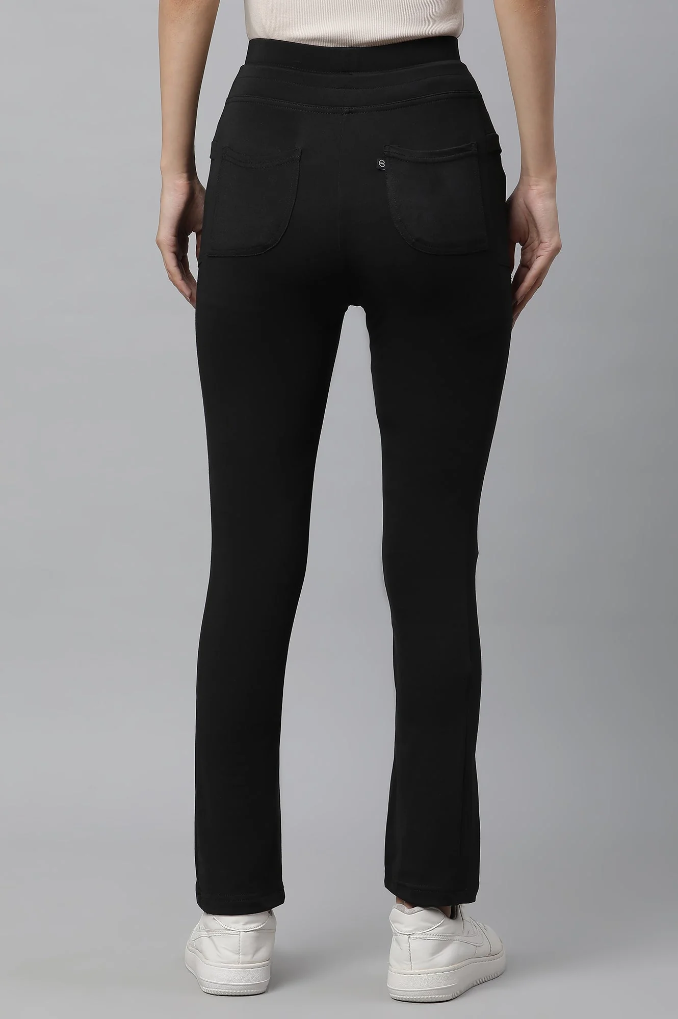 Black Solid Boot Cut Pants With Drawstring - Image 3