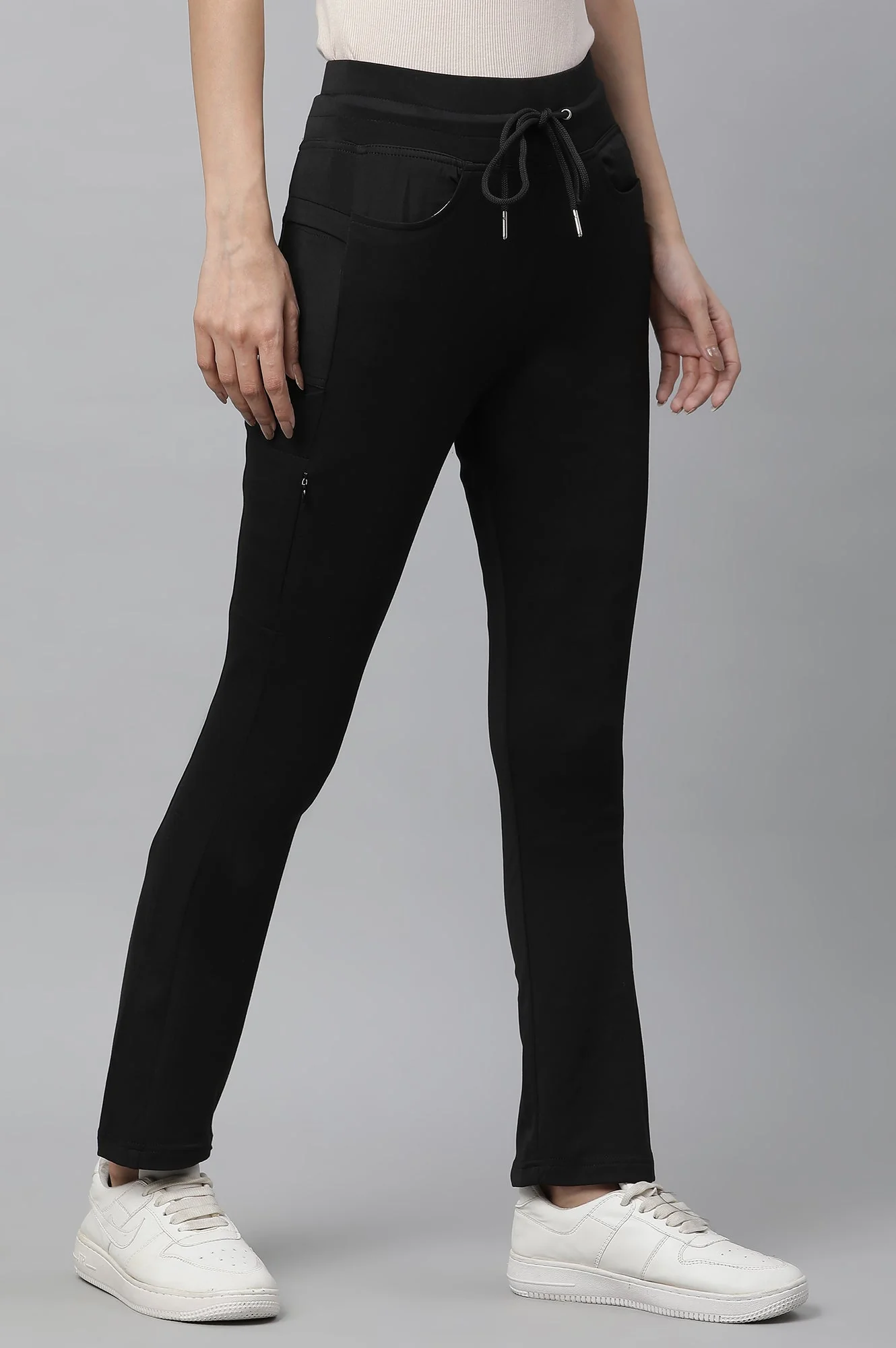 Black Solid Boot Cut Pants With Drawstring - Image 4