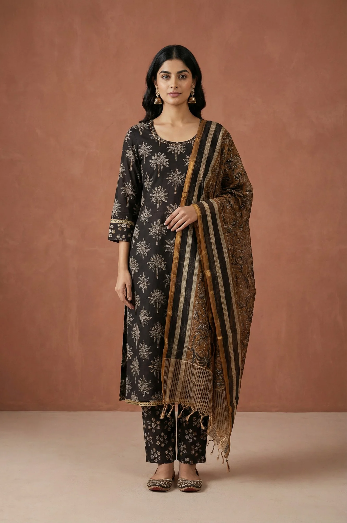 Black Block Printed Pure Cotton Straight Kurta with Pants and Dupatta Set - Image 2